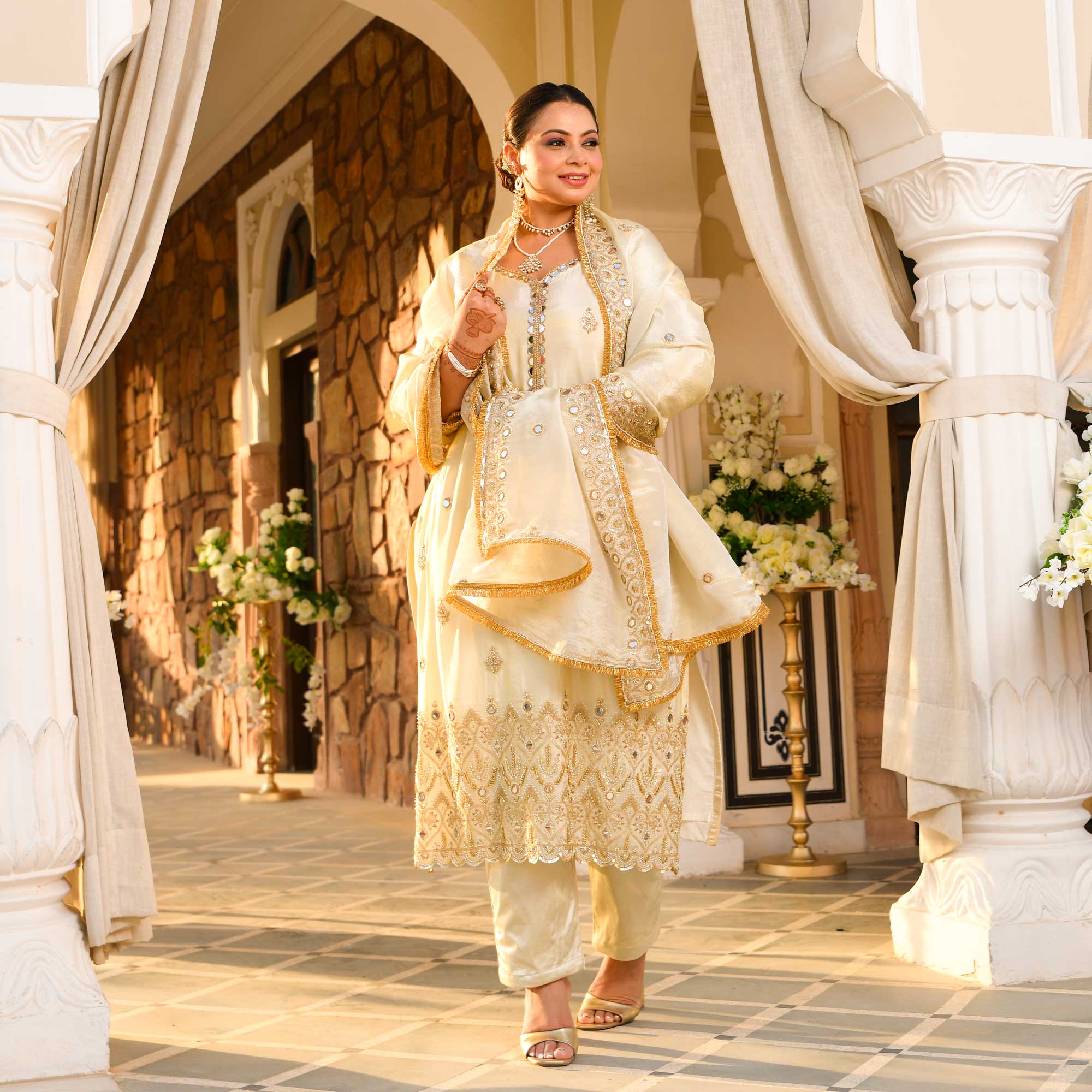 AAINA - Ivory & Gold Mirror & Cutdana Embroidered Pure Tissue Silk Suit Set