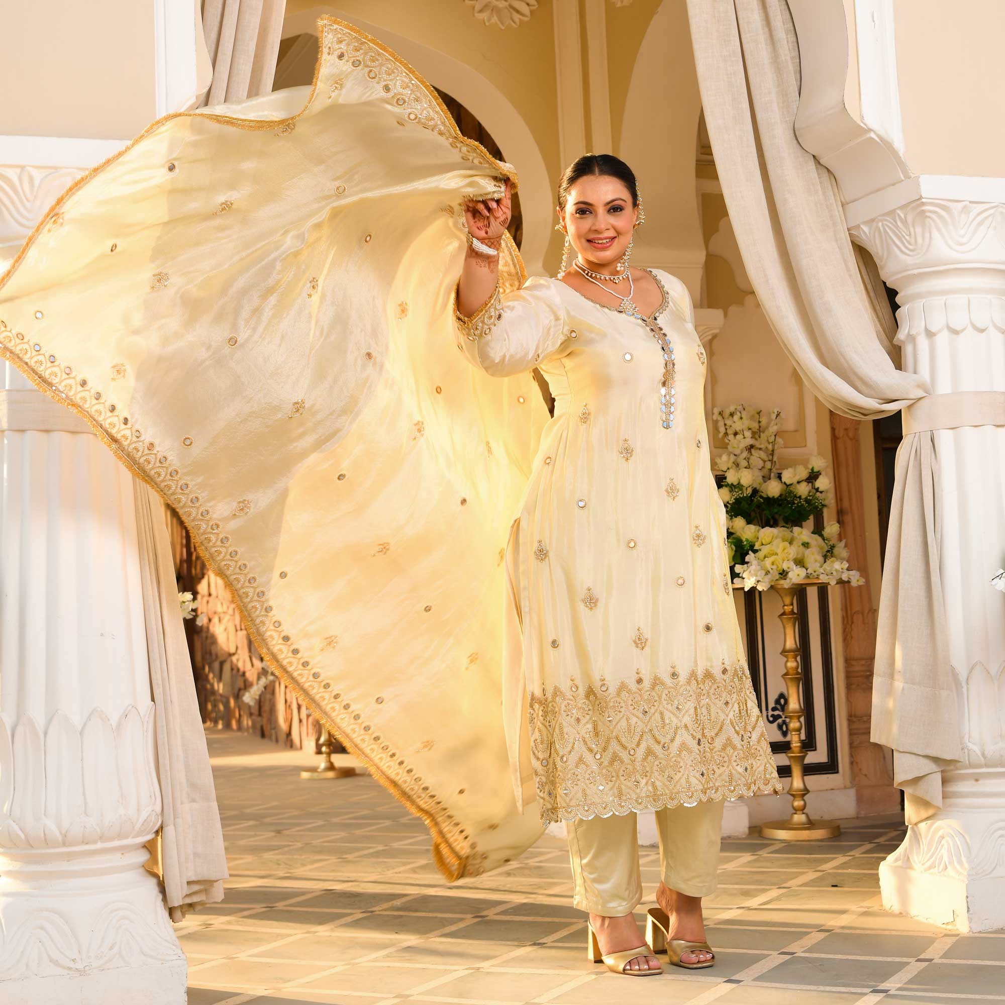 AAINA - Ivory & Gold Mirror & Cutdana Embroidered Pure Tissue Silk Suit Set