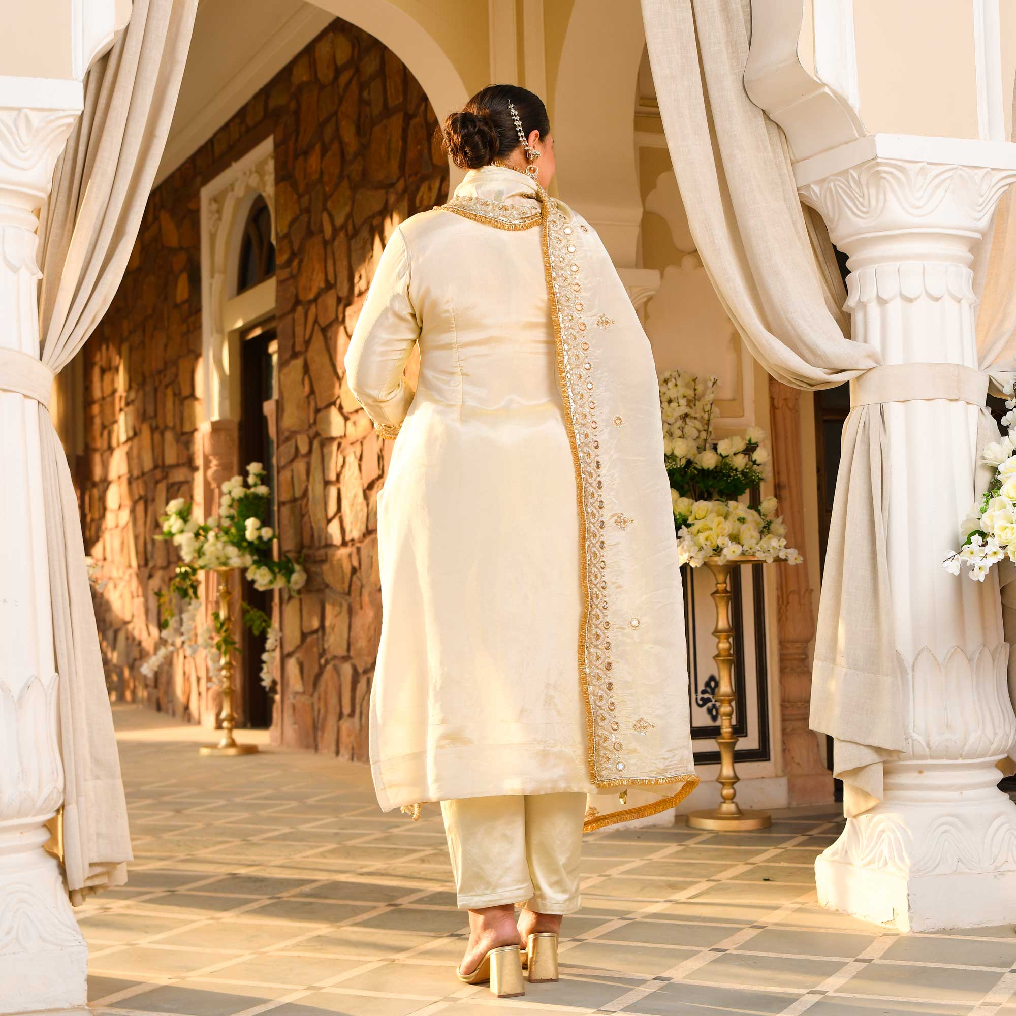 AAINA - Ivory & Gold Mirror & Cutdana Embroidered Pure Tissue Silk Suit Set