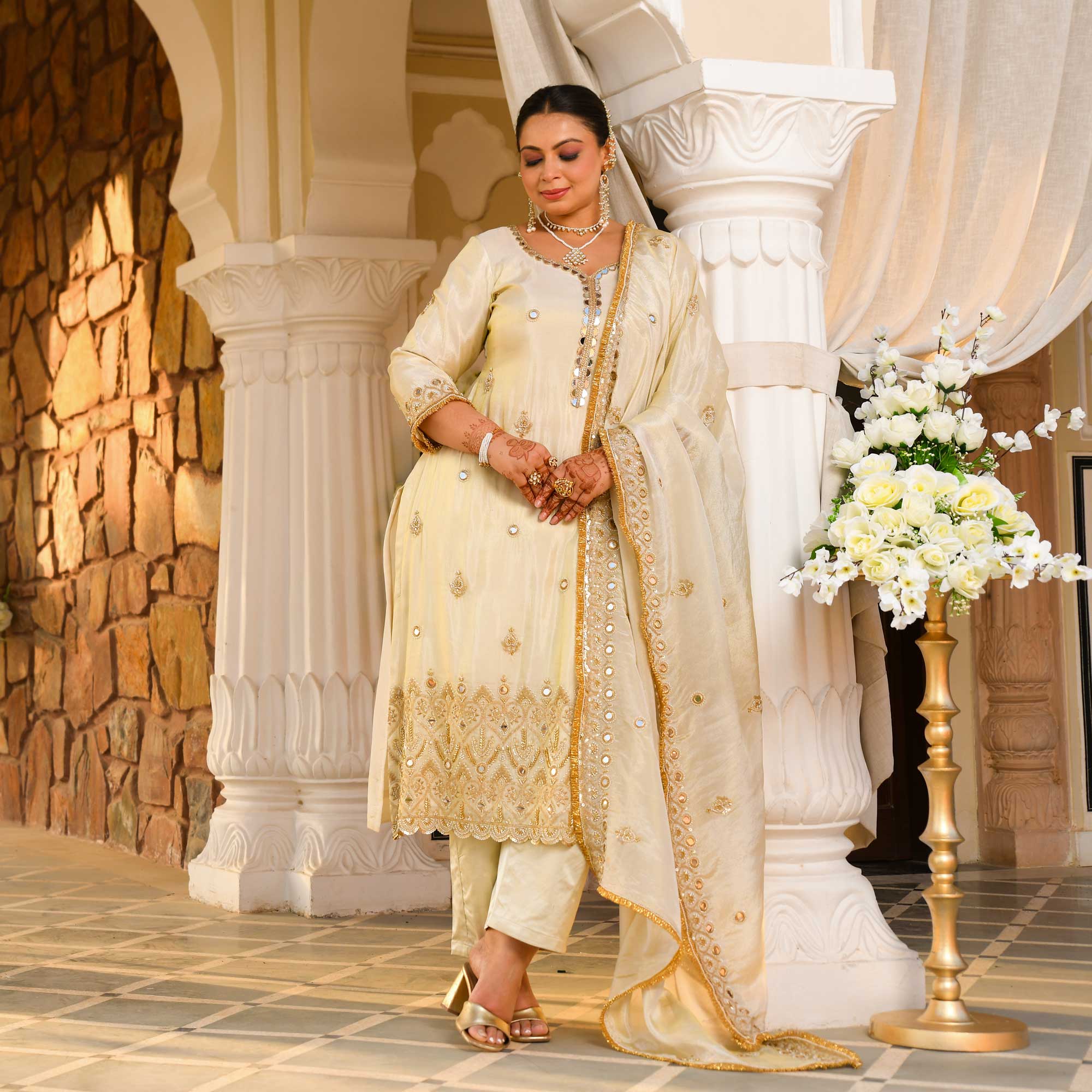 AAINA - Ivory & Gold Mirror & Cutdana Embroidered Pure Tissue Silk Suit Set