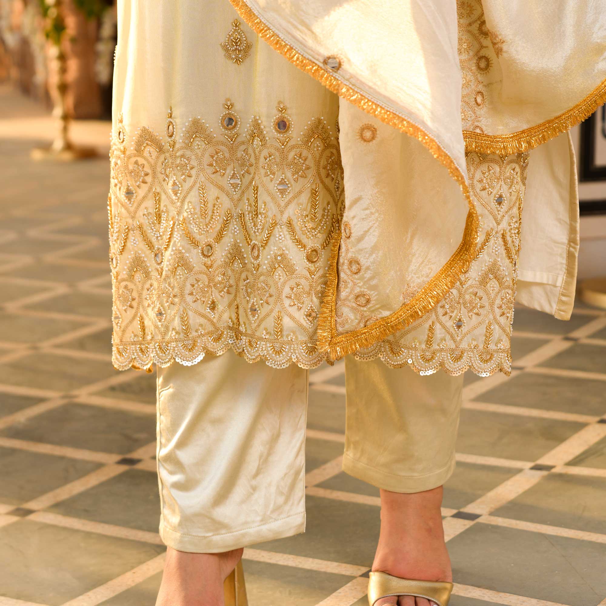 AAINA - Ivory & Gold Mirror & Cutdana Embroidered Pure Tissue Silk Suit Set