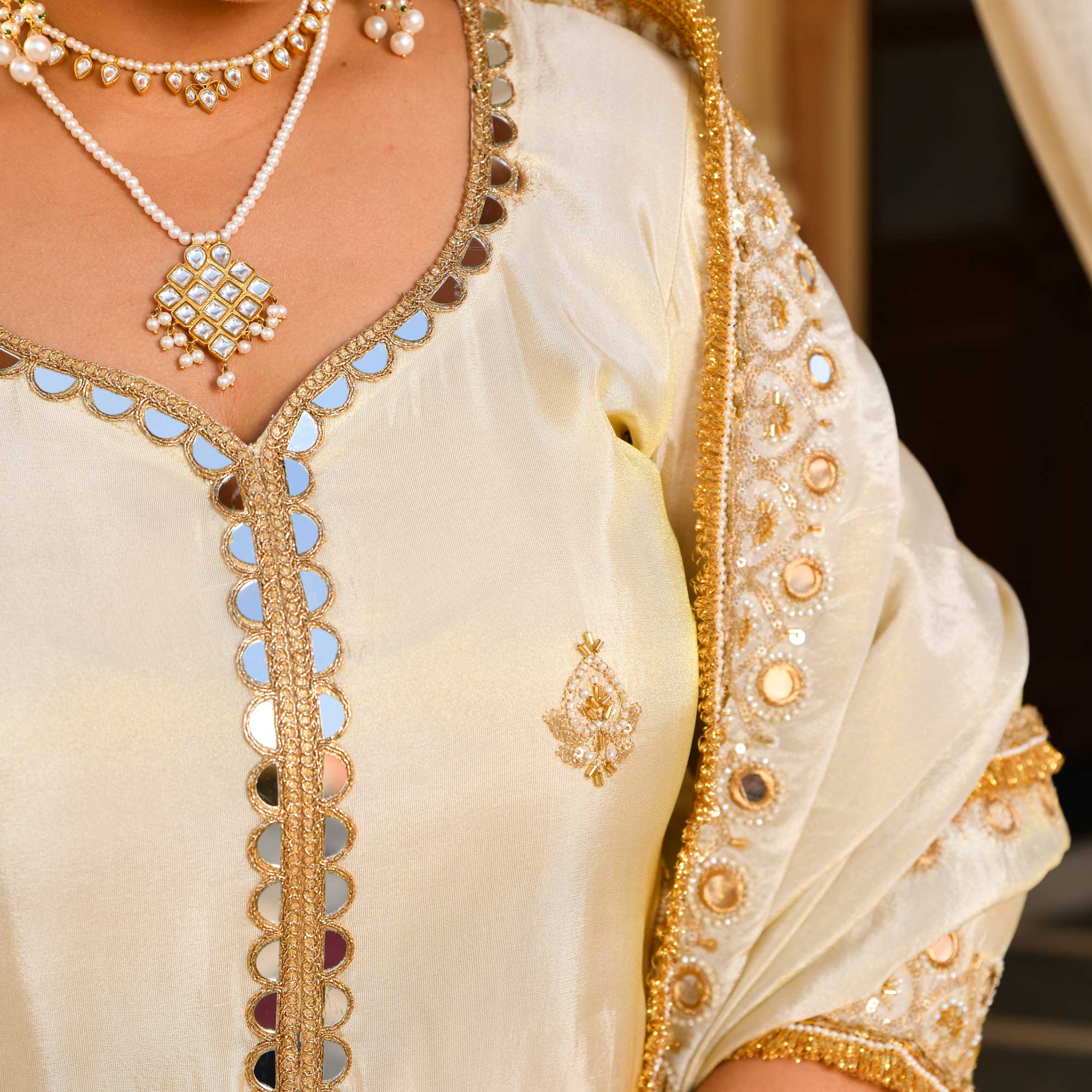 AAINA - Ivory & Gold Mirror & Cutdana Embroidered Pure Tissue Silk Suit Set