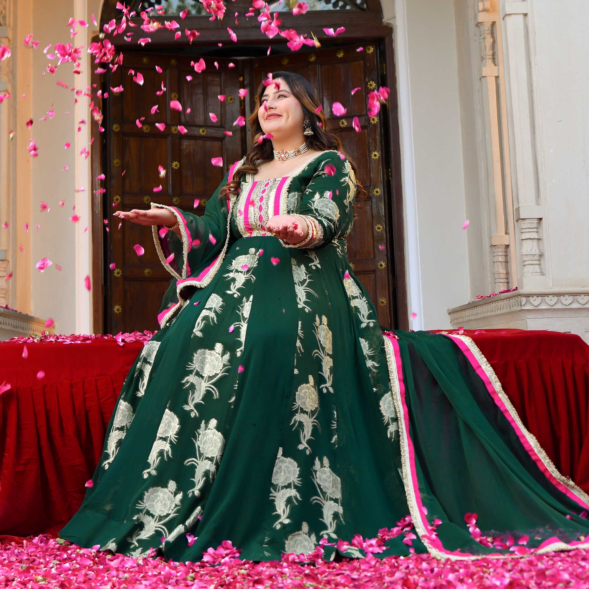 Tulsi- Bottle Green Banarasi Pure Georgette Anarkali Set