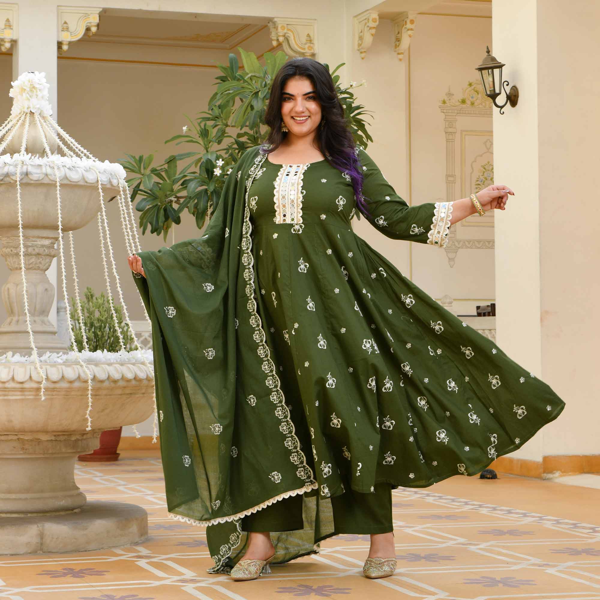 Vriddhi- Dark Green Pure Cotton Thread Embroidered Anarkali Set