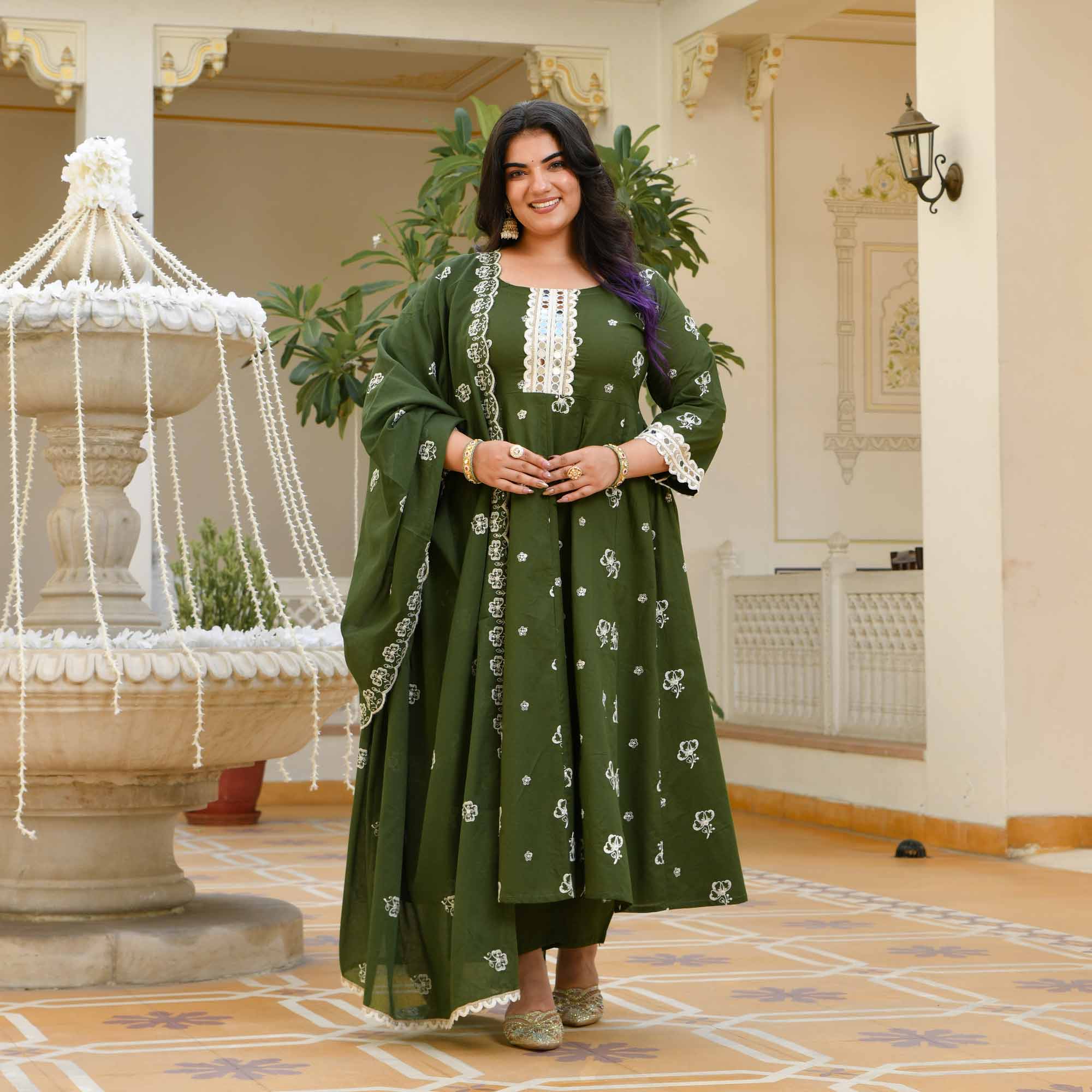 Vriddhi- Dark Green Pure Cotton Thread Embroidered Anarkali Set