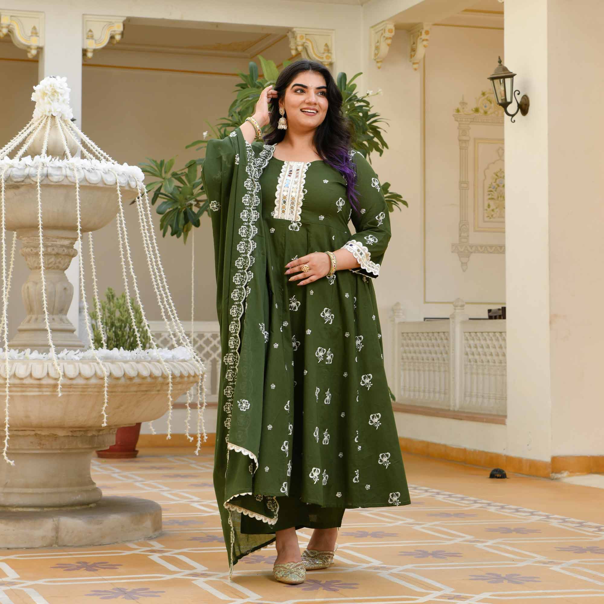 Vriddhi- Dark Green Pure Cotton Thread Embroidered Anarkali Set
