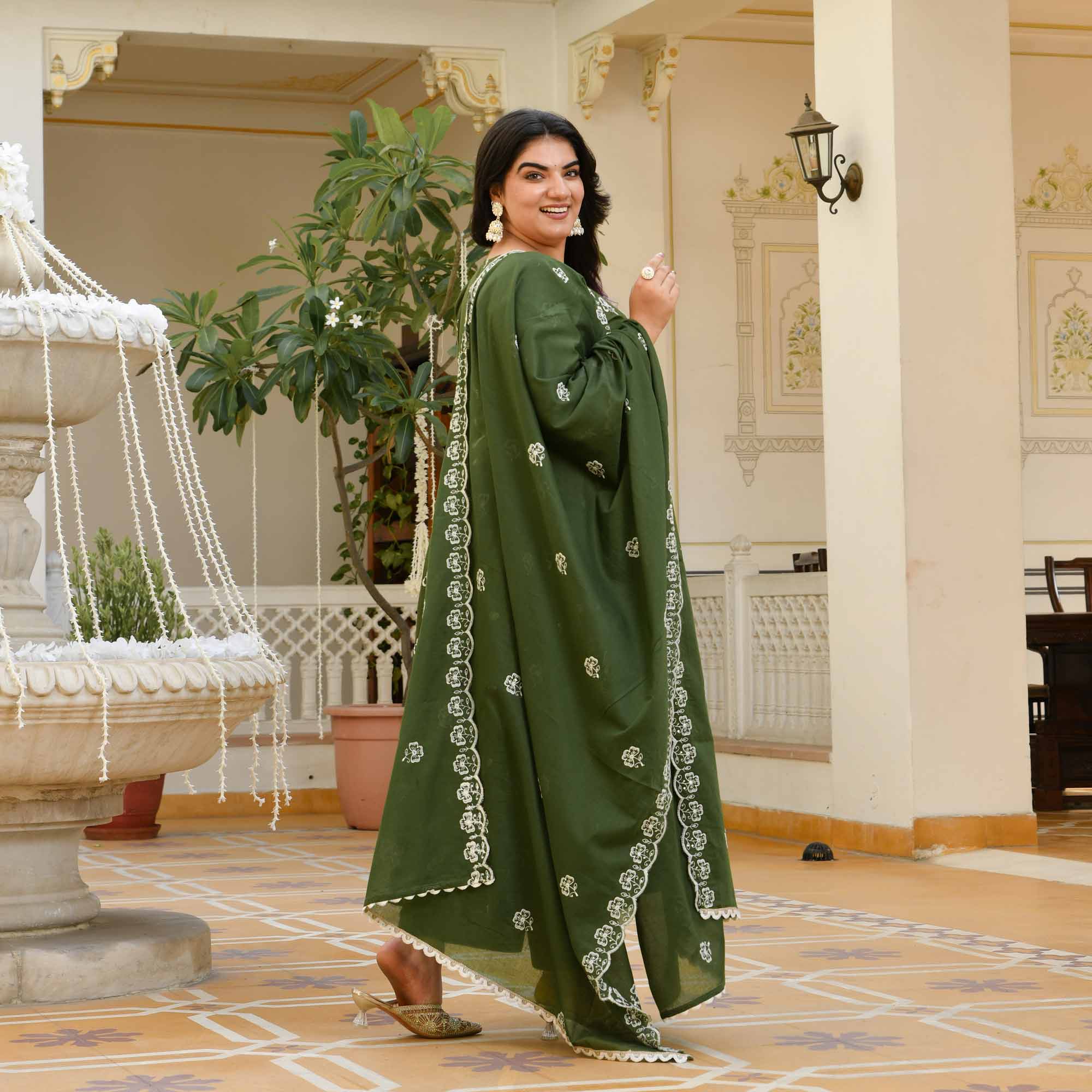 Vriddhi- Dark Green Pure Cotton Thread Embroidered Anarkali Set