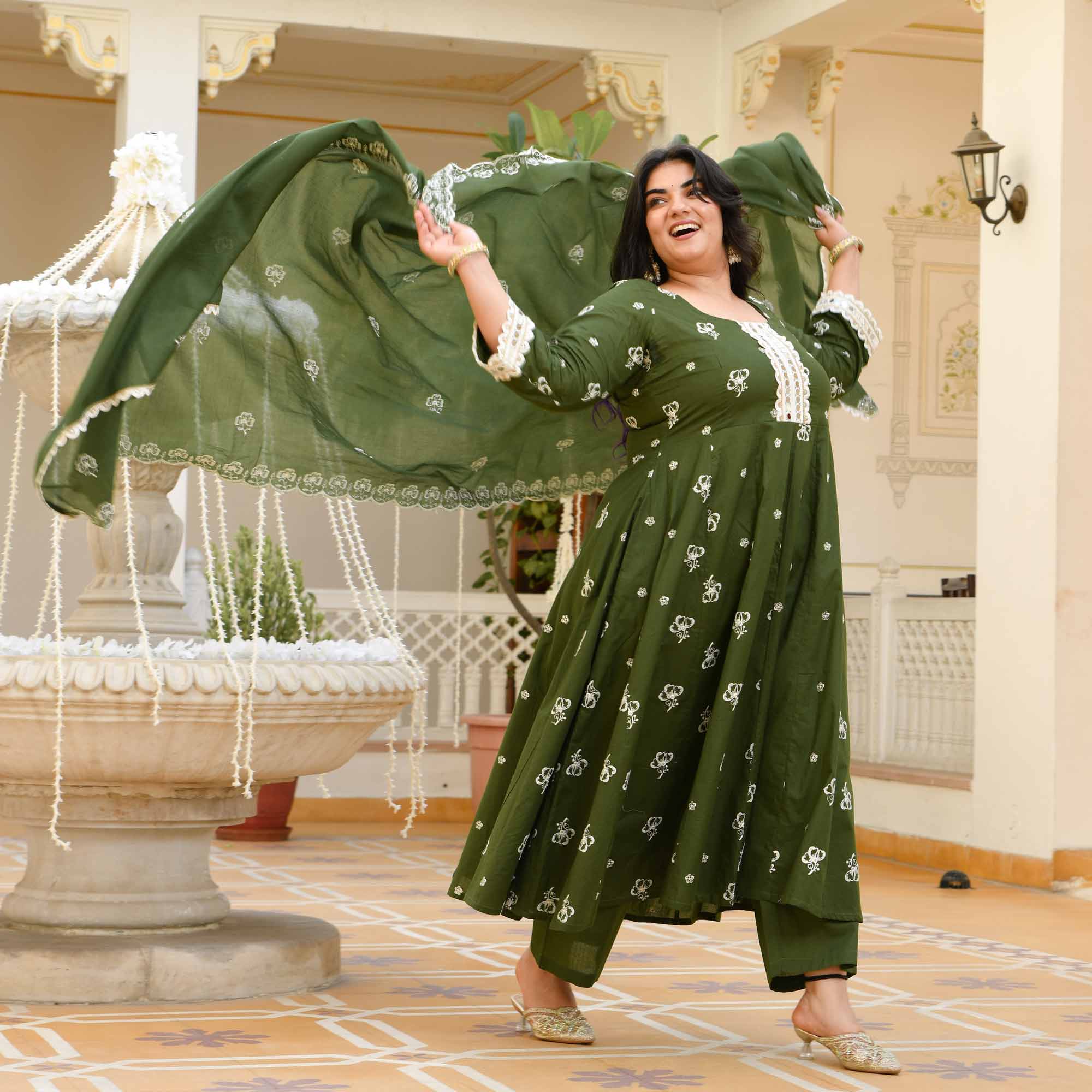 Vriddhi- Dark Green Pure Cotton Thread Embroidered Anarkali Set