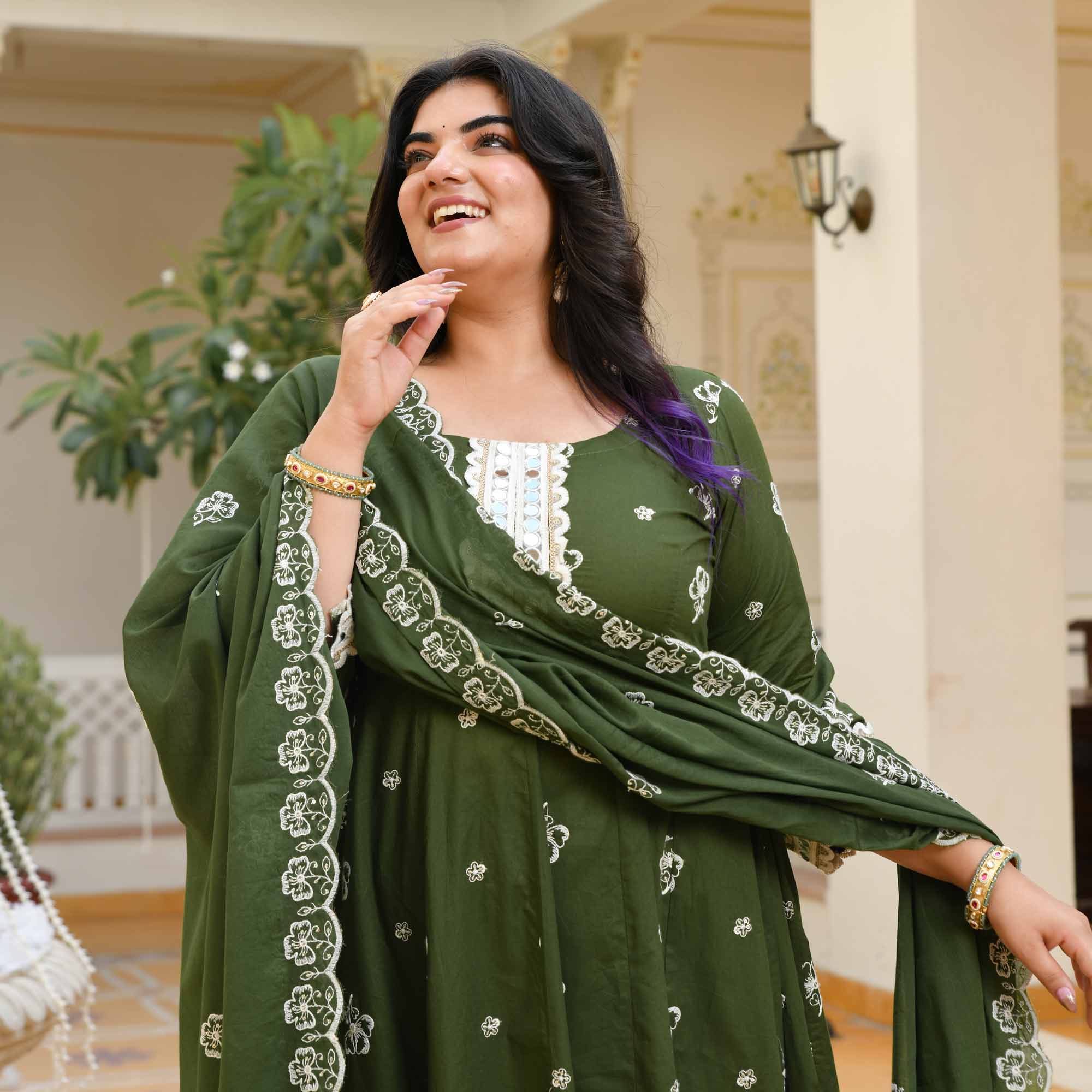 Vriddhi- Dark Green Pure Cotton Thread Embroidered Anarkali Set