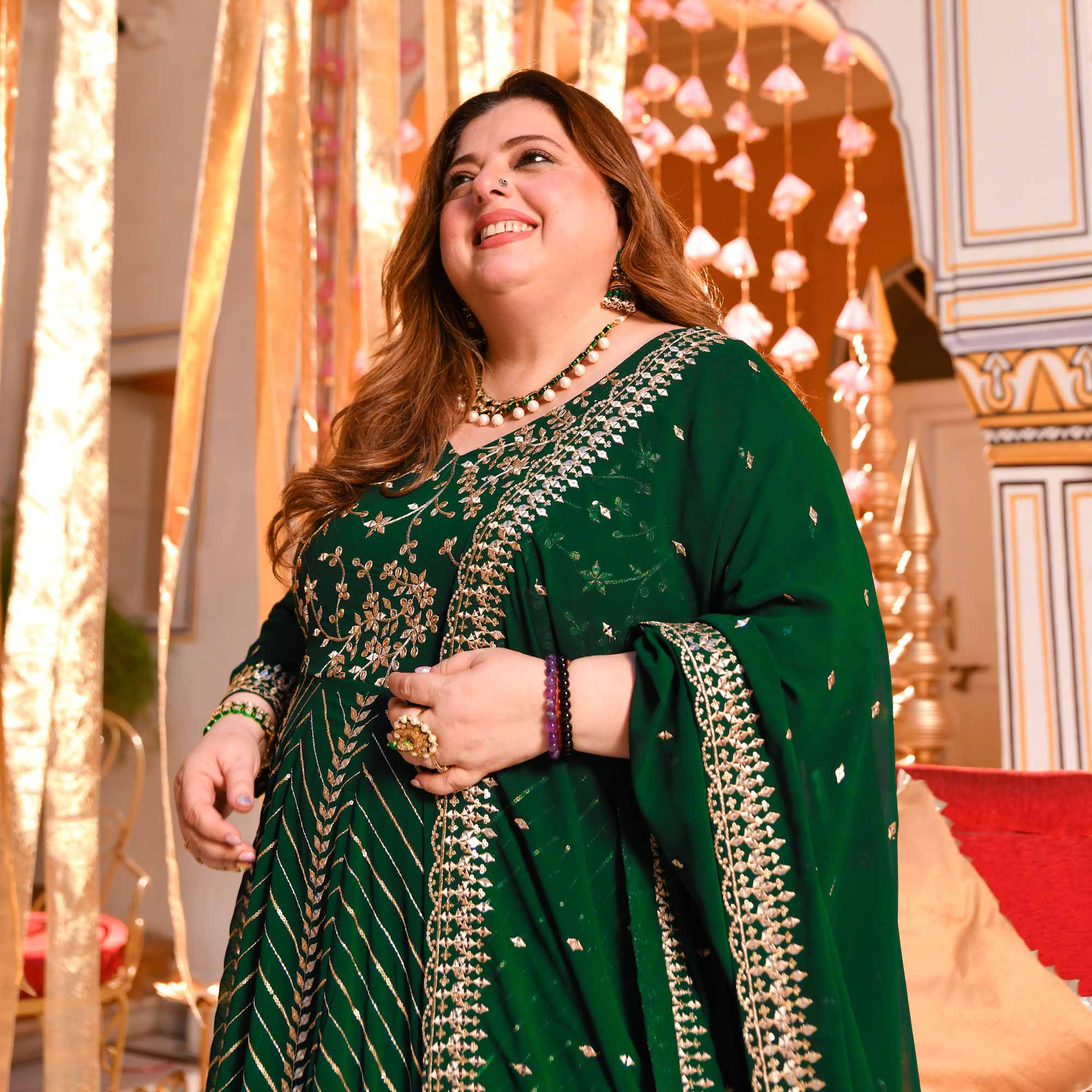 Shimmering Emerald Sequin Embroidered Georgette Anarkali Set