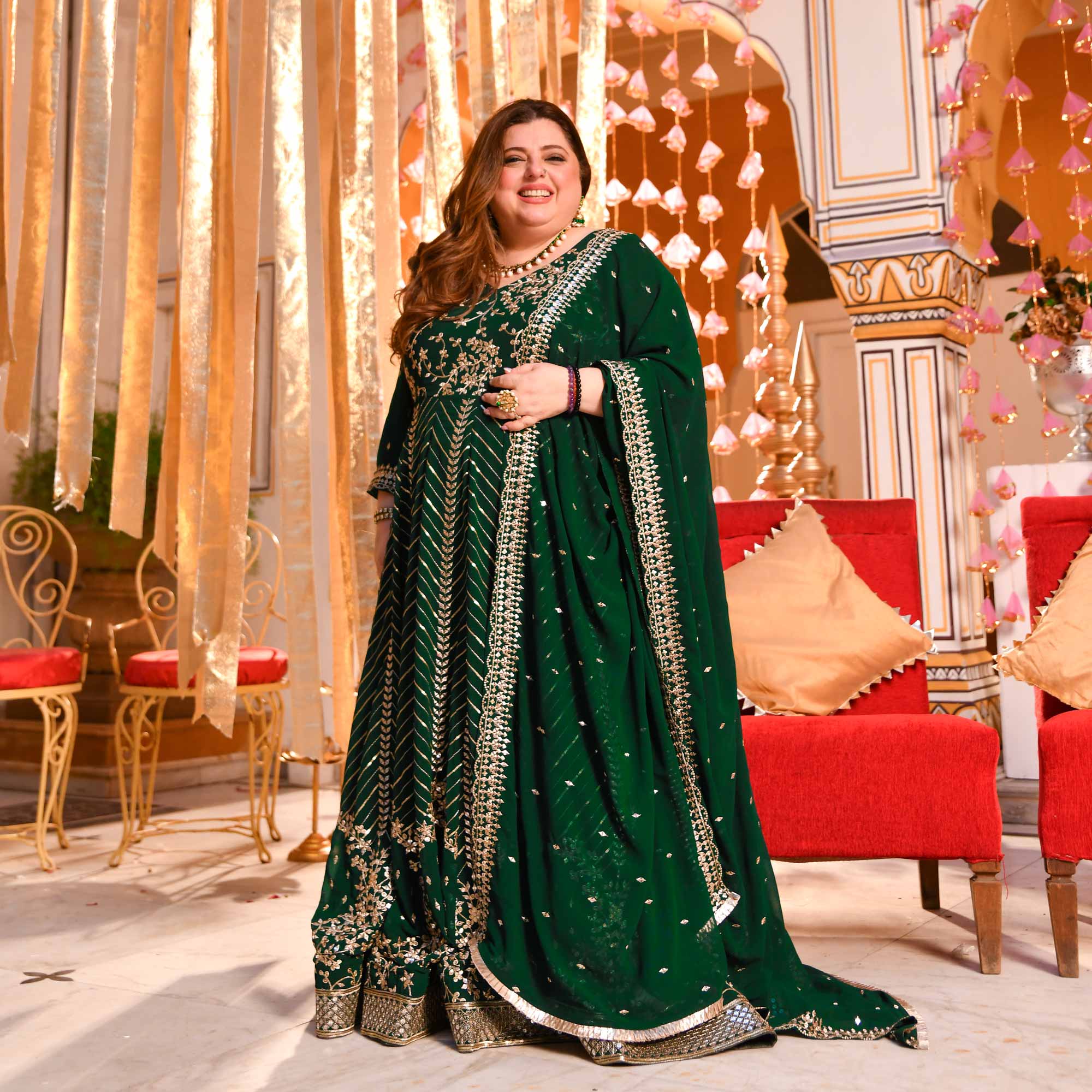 Shimmering Emerald Sequin Embroidered Georgette Anarkali Set