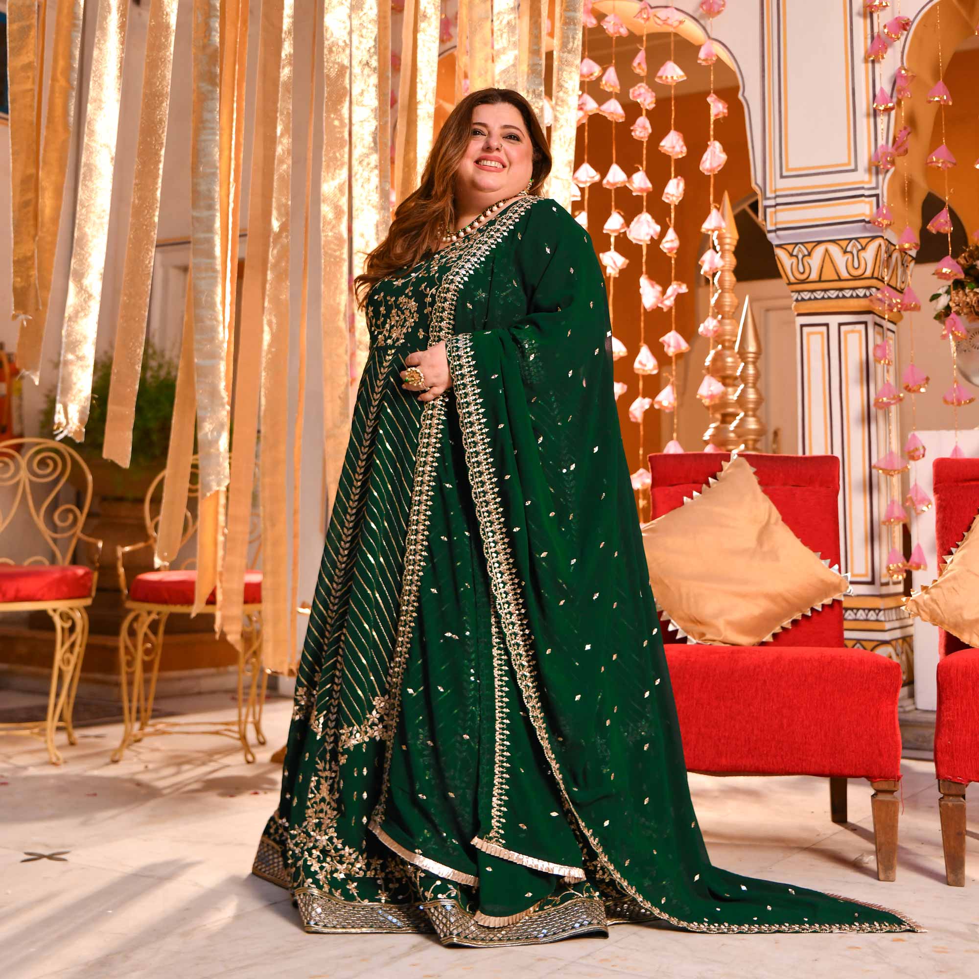 Shimmering Emerald Sequin Embroidered Georgette Anarkali Set