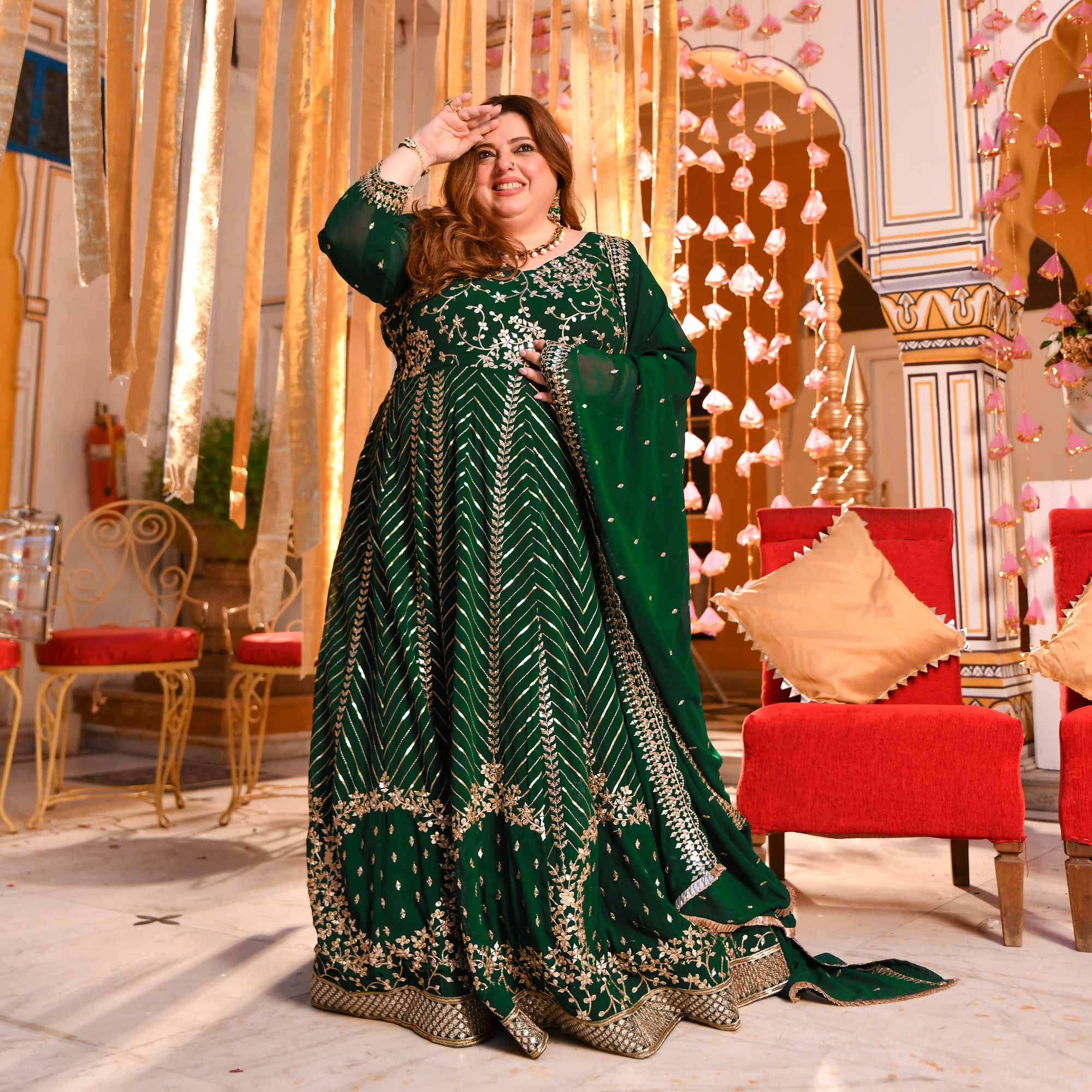 Shimmering Emerald Sequin Embroidered Georgette Anarkali Set