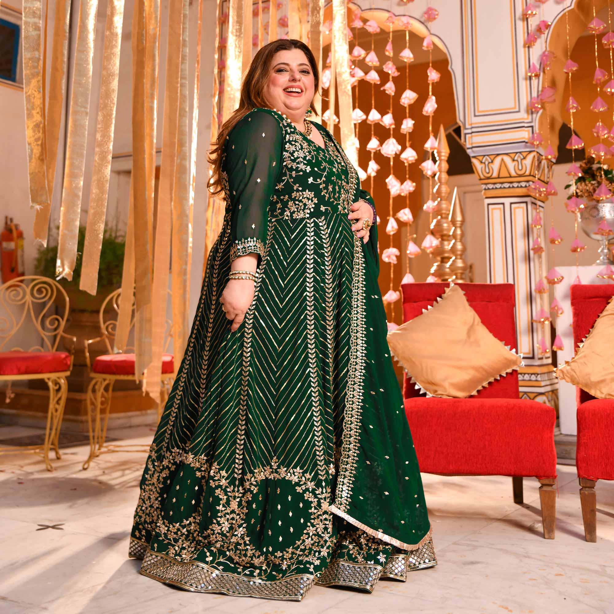 Shimmering Emerald Sequin Embroidered Georgette Anarkali Set