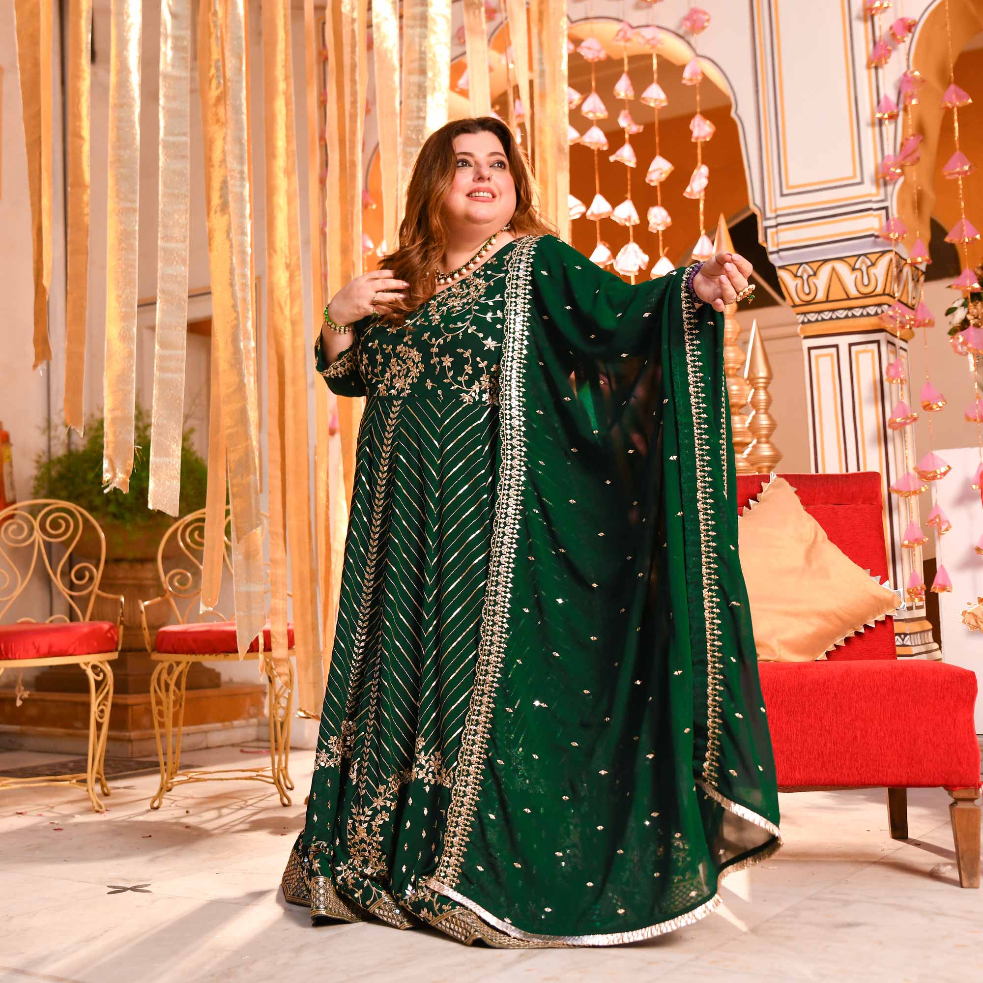 Shimmering Emerald Sequin Embroidered Georgette Anarkali Set