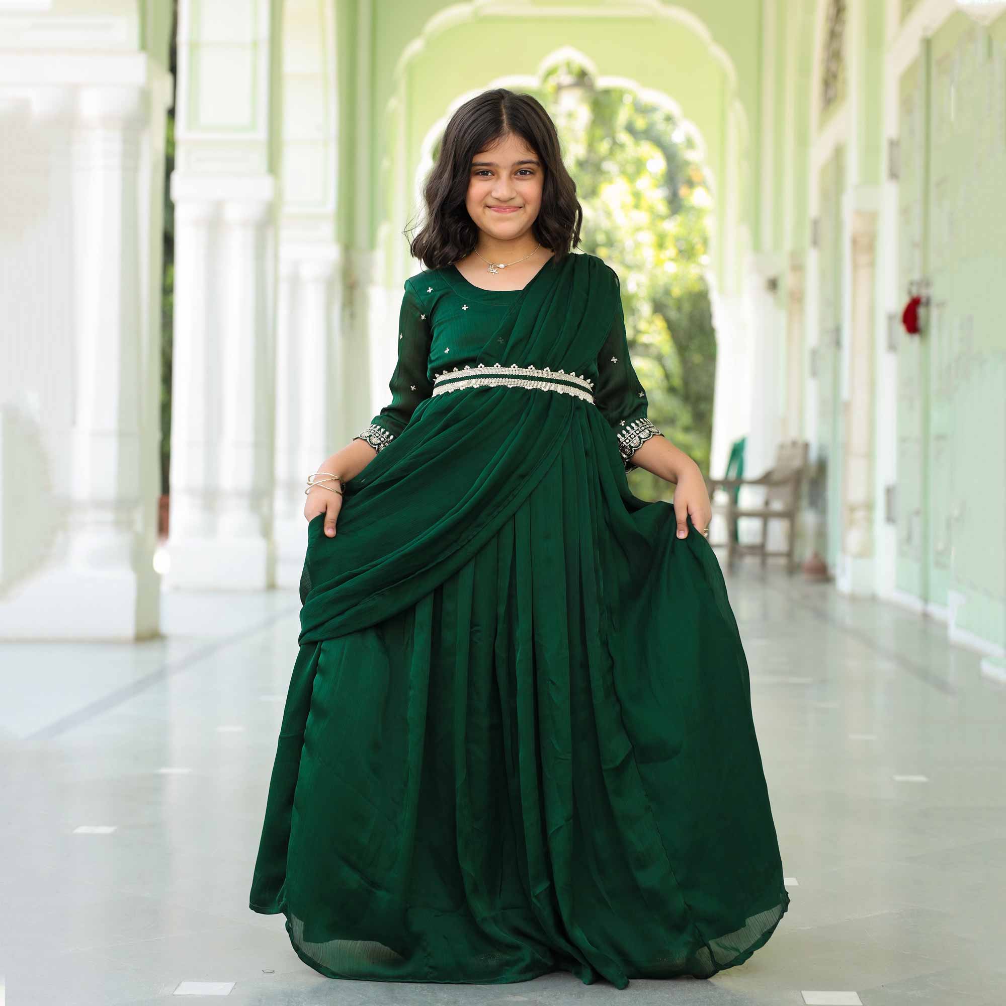 Festive Fern- Bottle Green Kids Silk Chinon Anarkali with Belt & Attached Drape