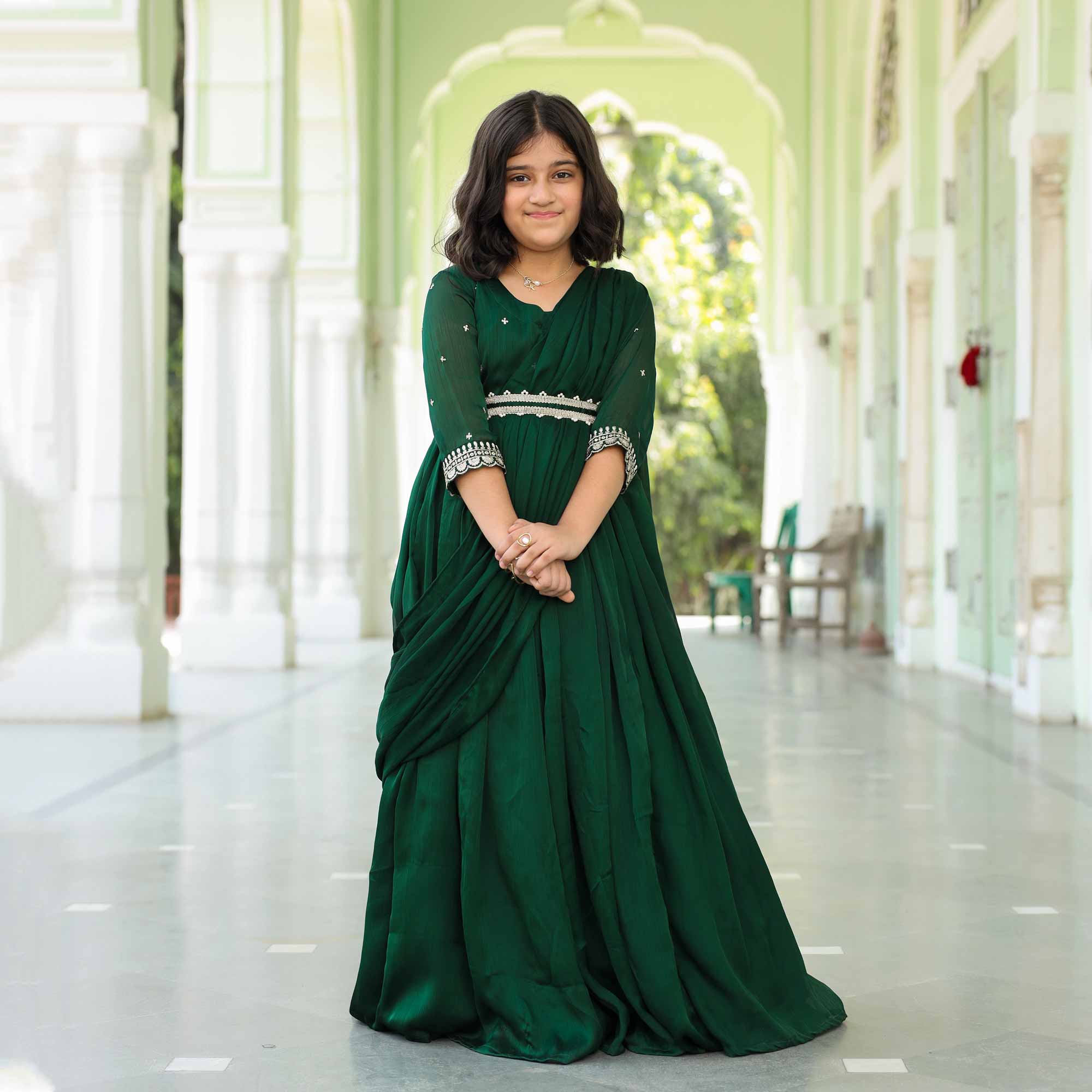 Festive Fern- Bottle Green Kids Silk Chinon Anarkali with Belt & Attached Drape
