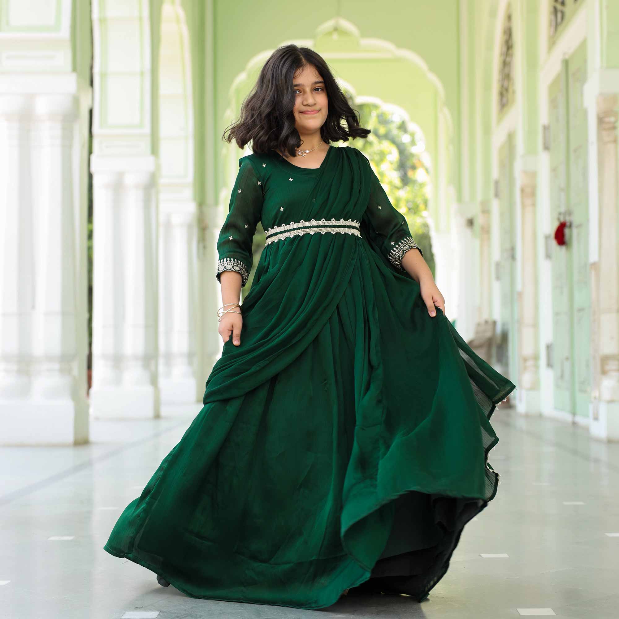 Festive Fern- Bottle Green Kids Silk Chinon Anarkali with Belt & Attached Drape