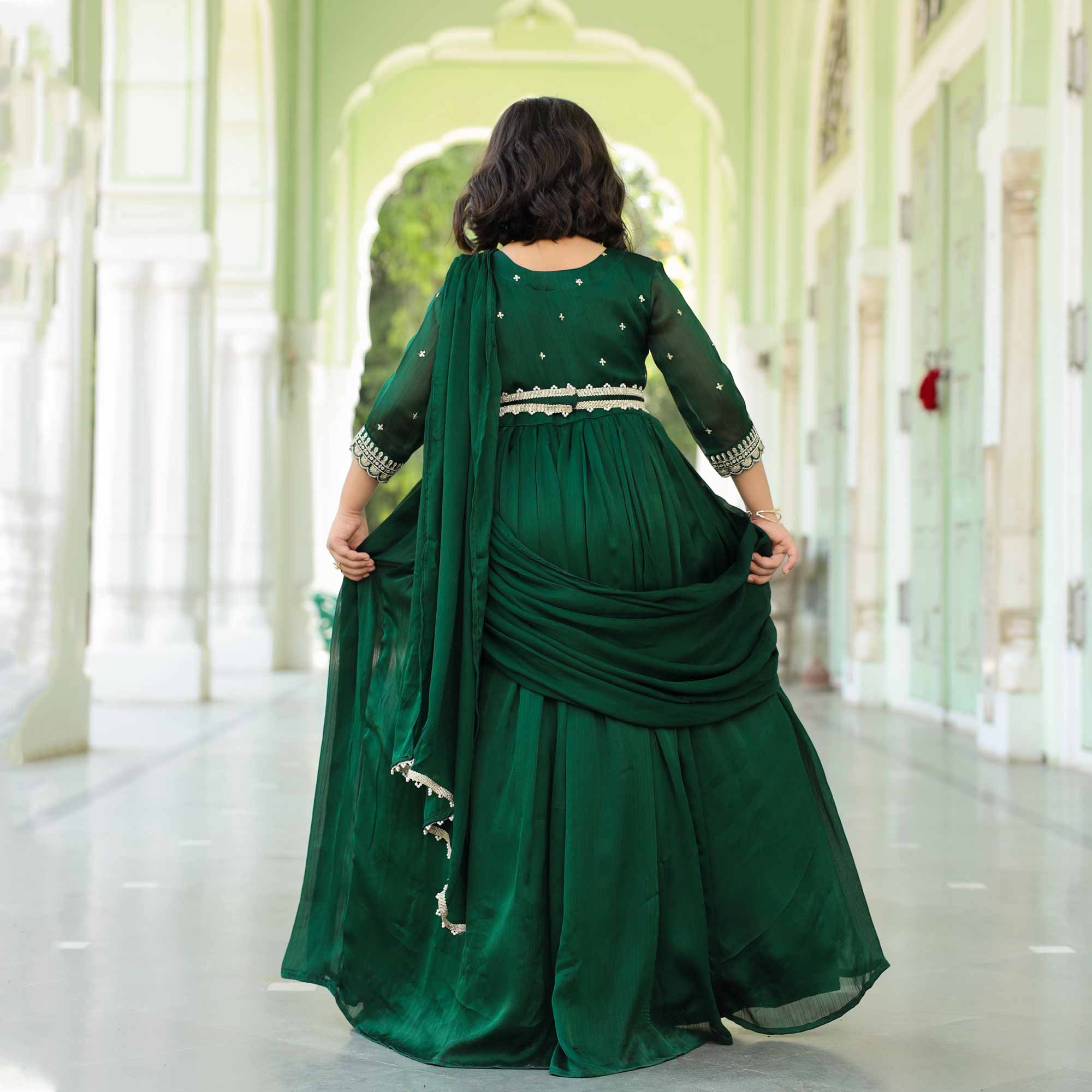 Festive Fern- Bottle Green Kids Silk Chinon Anarkali with Belt & Attached Drape