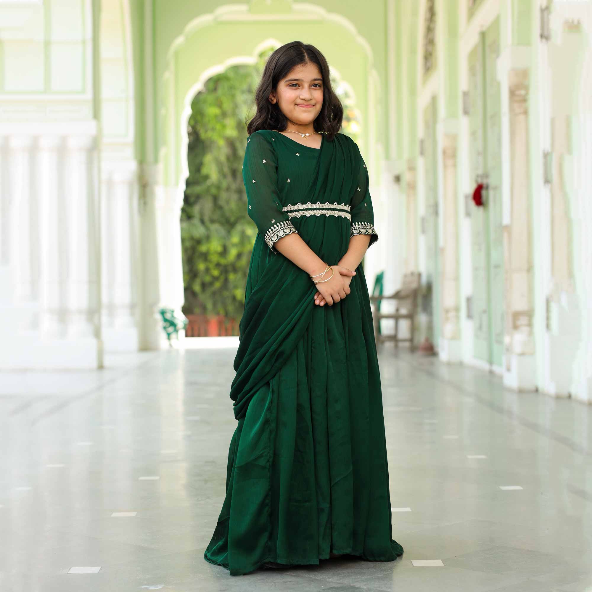 Festive Fern- Bottle Green Kids Silk Chinon Anarkali with Belt & Attached Drape