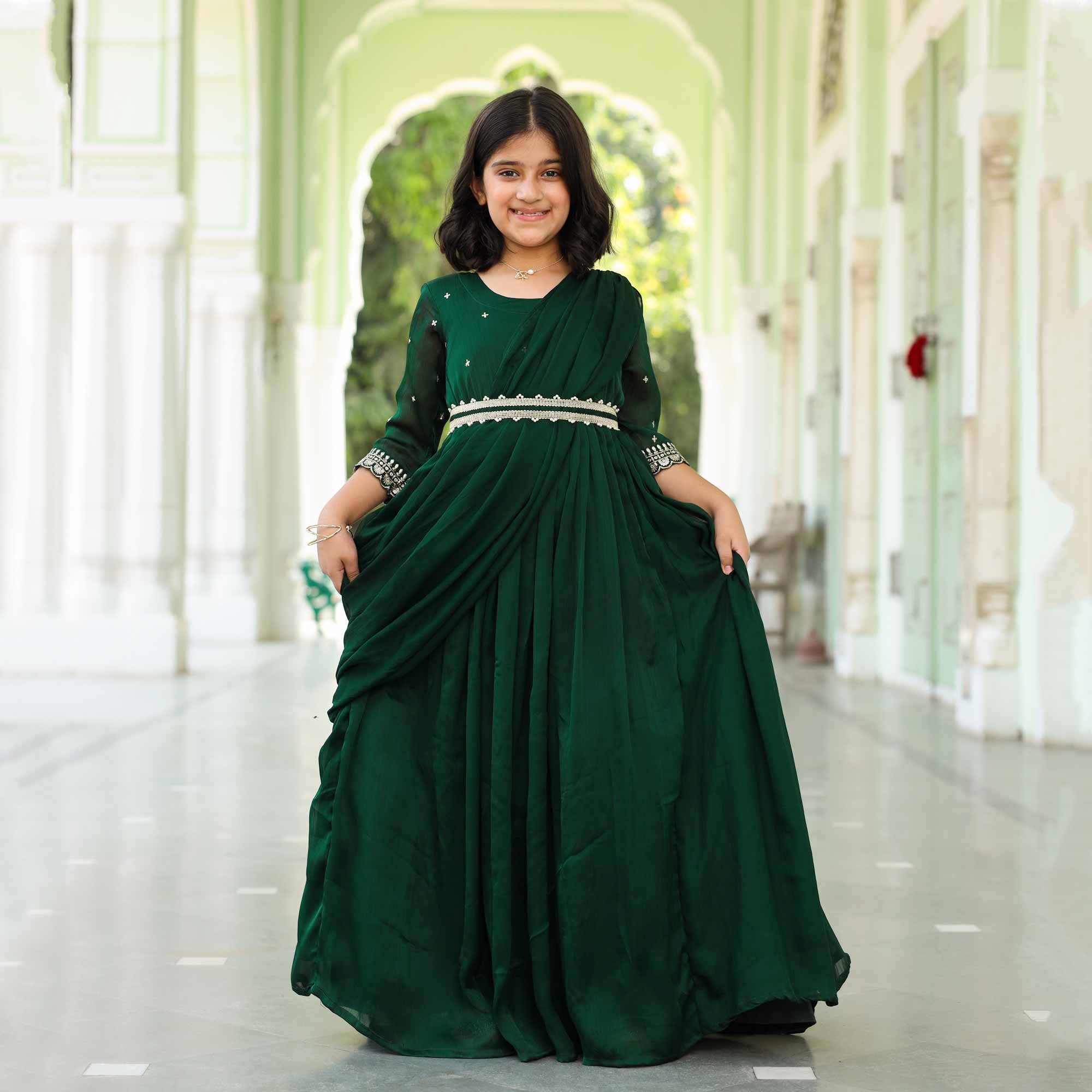 Festive Fern- Bottle Green Kids Silk Chinon Anarkali with Belt & Attached Drape