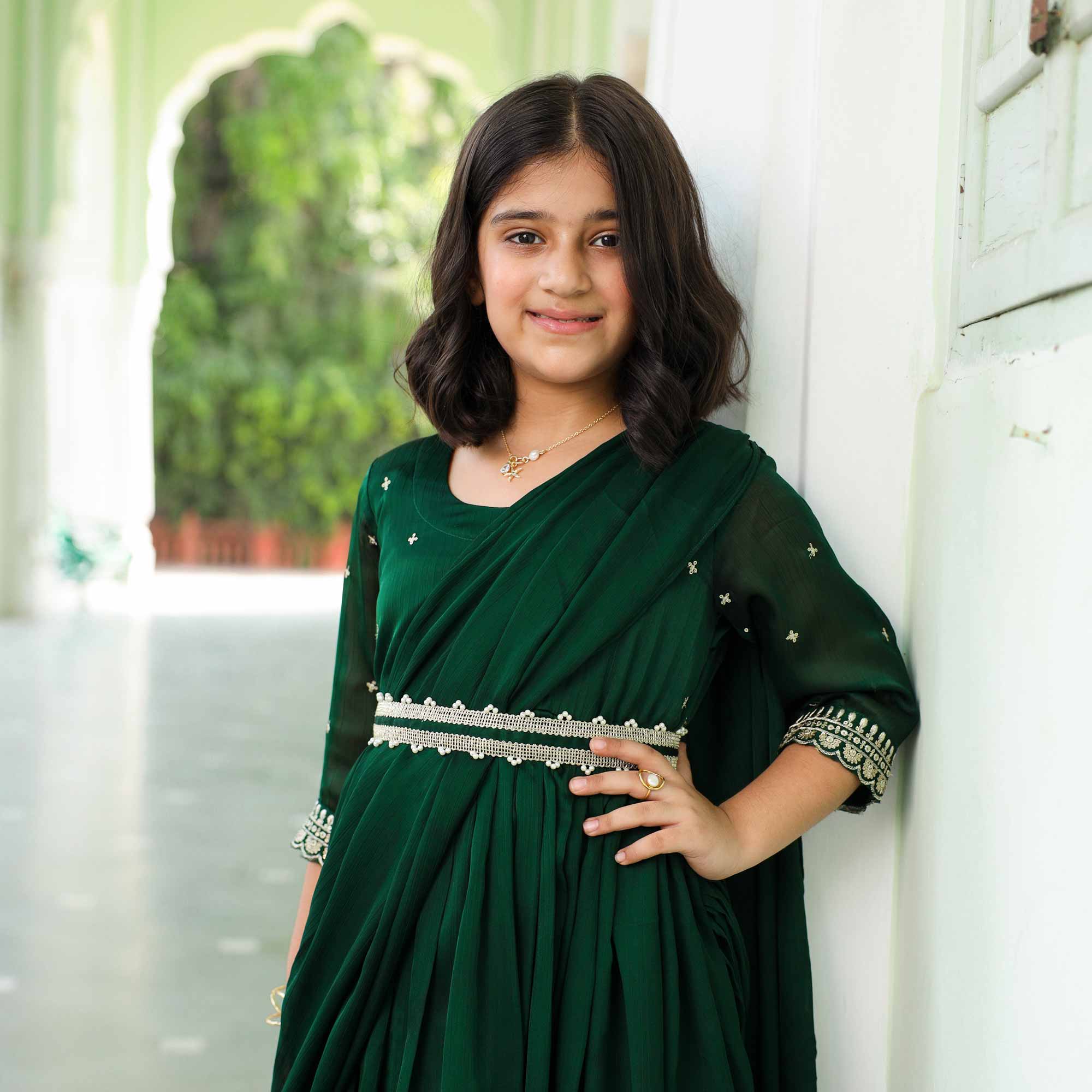 Festive Fern- Bottle Green Kids Silk Chinon Anarkali with Belt & Attached Drape
