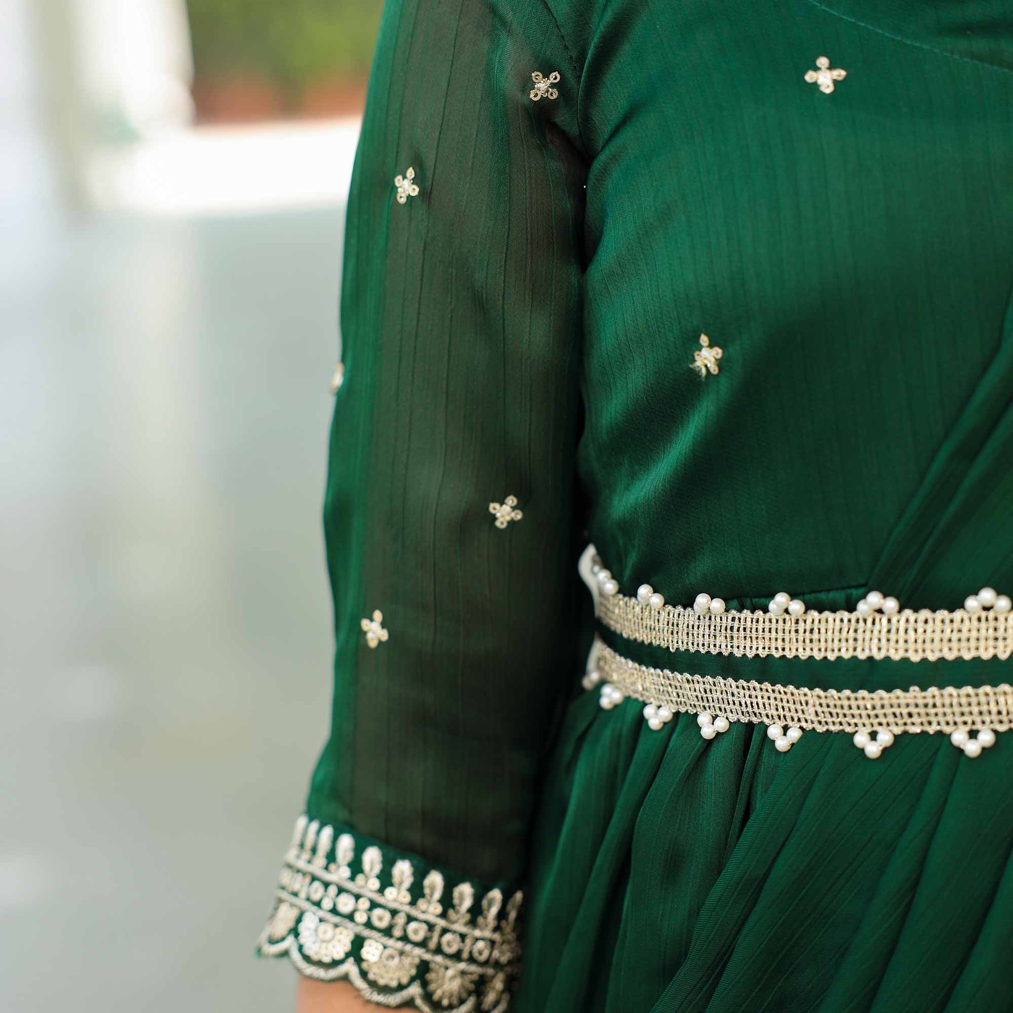 Festive Fern- Bottle Green Kids Silk Chinon Anarkali with Belt & Attached Drape