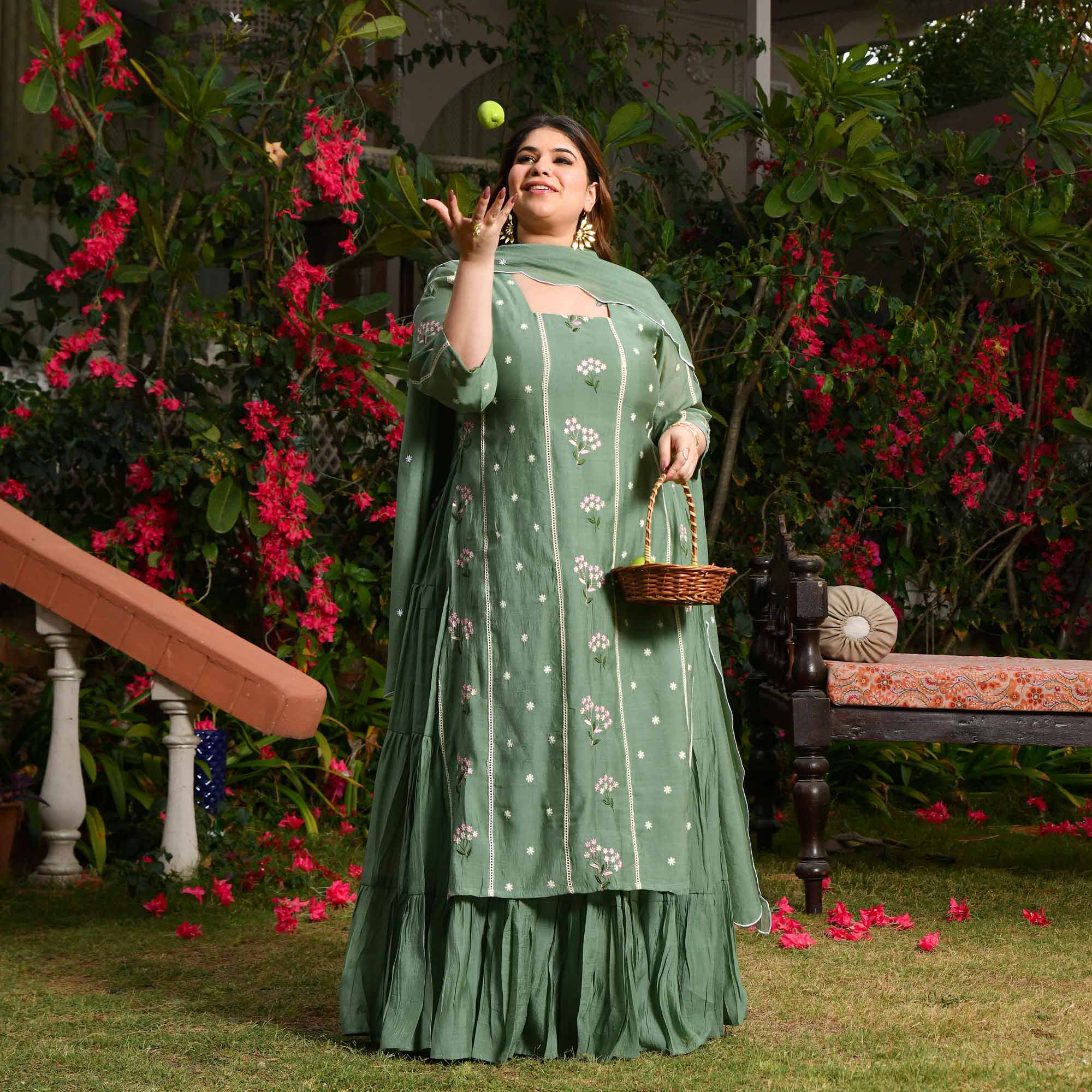 Custard Apple- Sage Green Thread Embroidered Mul Chanderi Anarkali Set