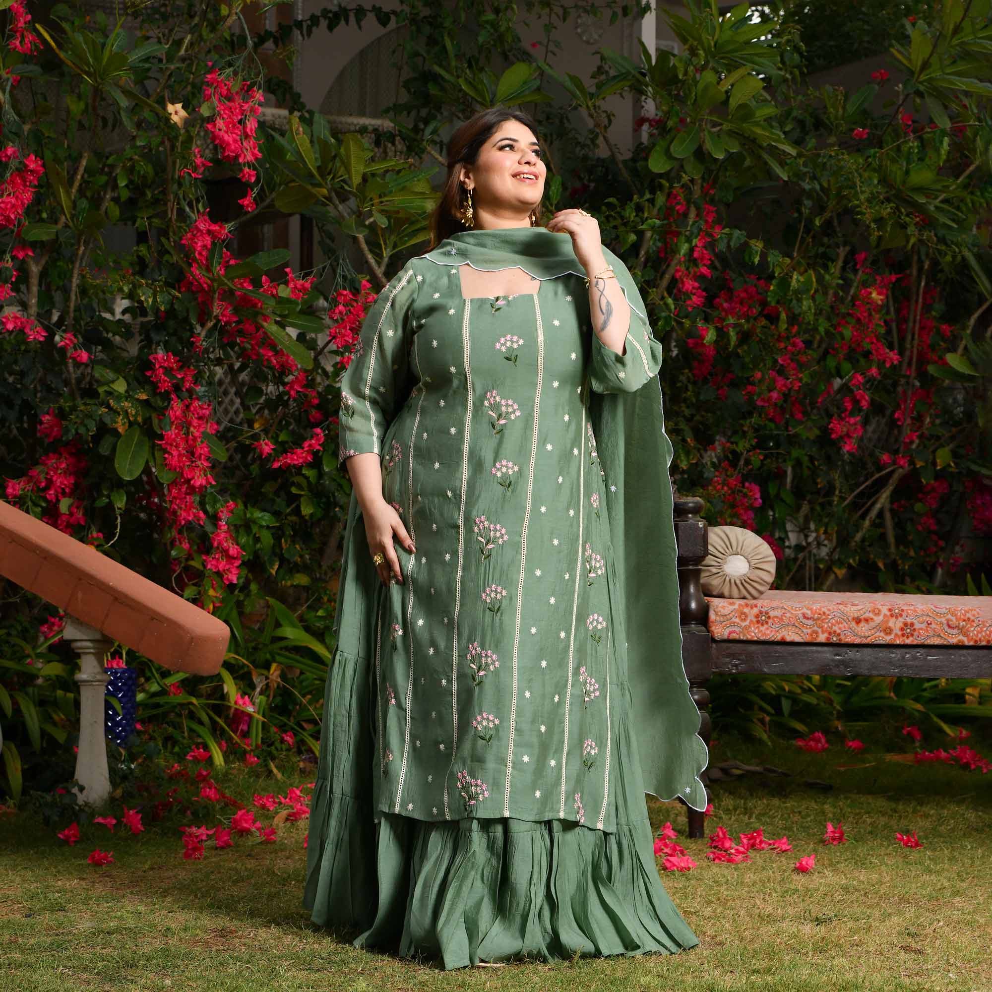 Custard Apple- Sage Green Thread Embroidered Mul Chanderi Anarkali Set