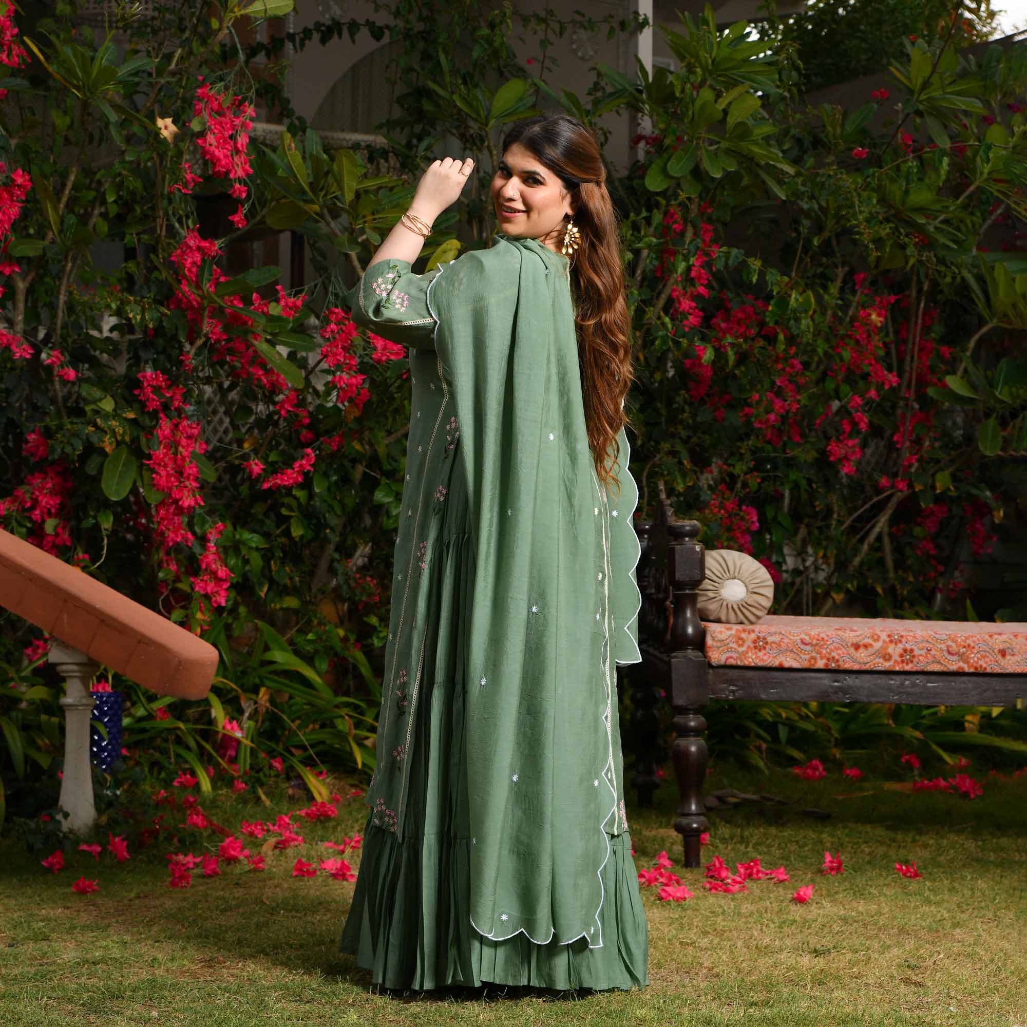 Custard Apple- Sage Green Thread Embroidered Mul Chanderi Anarkali Set