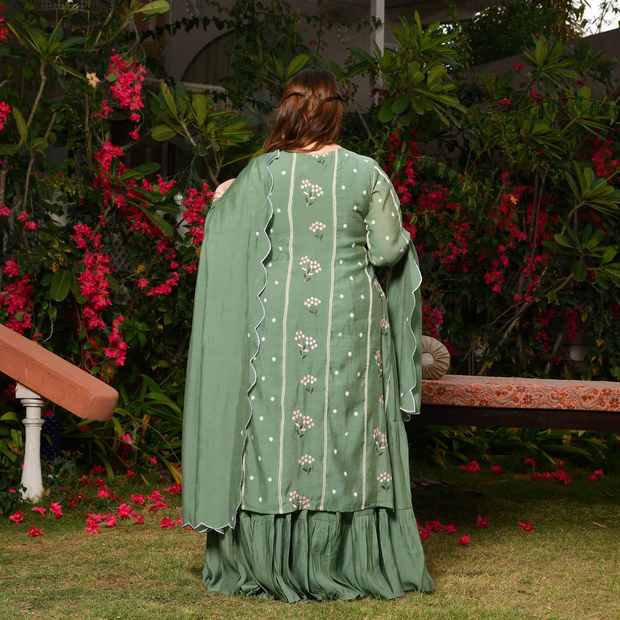 Custard Apple- Sage Green Thread Embroidered Mul Chanderi Anarkali Set