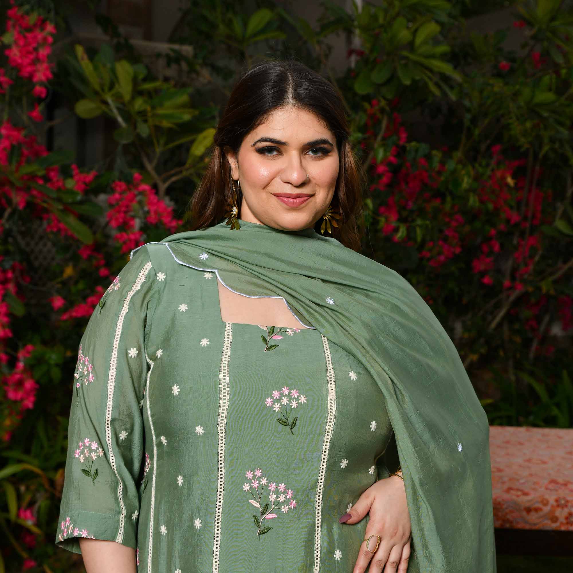 Custard Apple- Sage Green Thread Embroidered Mul Chanderi Anarkali Set