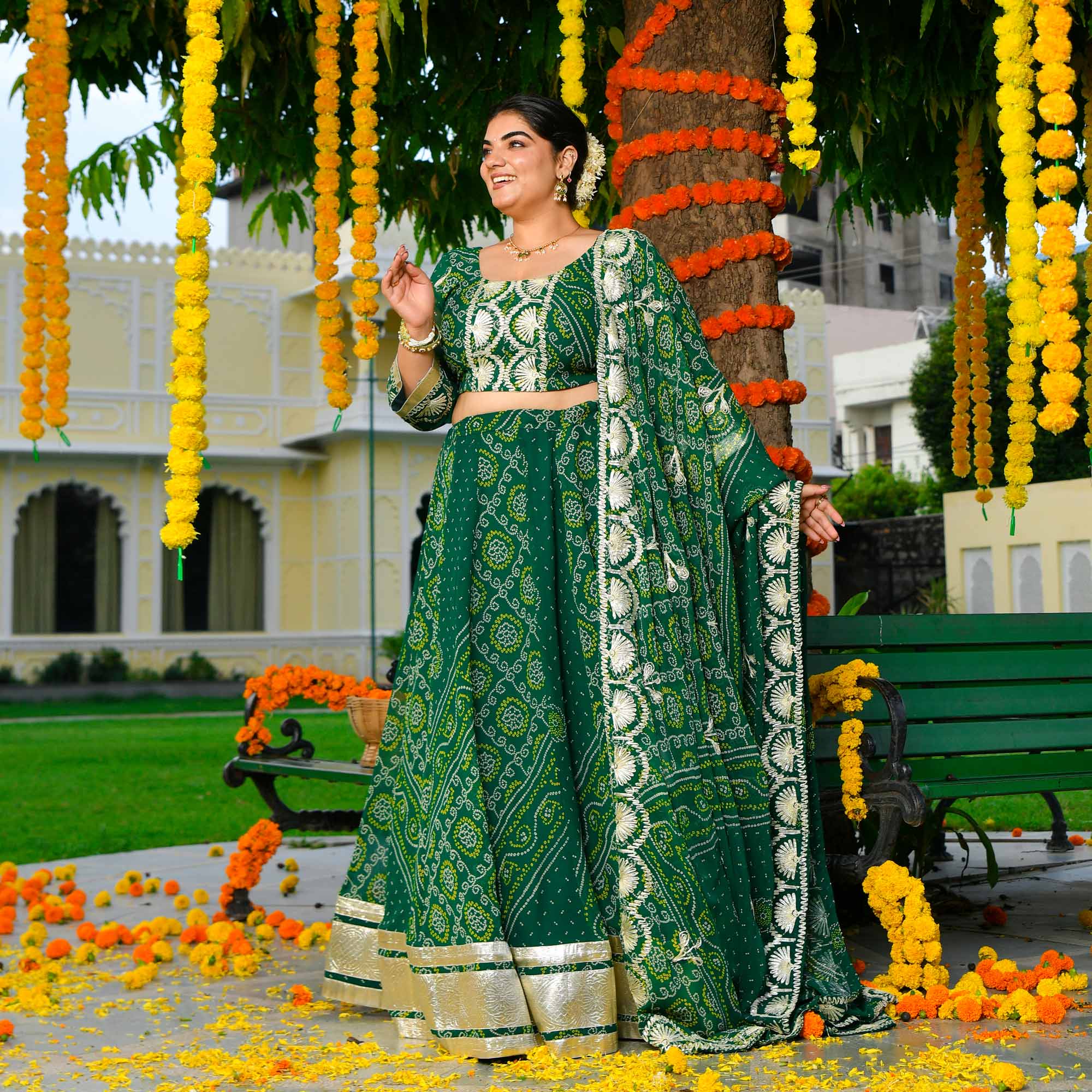 Vrinda- Deep Green Bandhani Gota Georgette Lehenga Set
