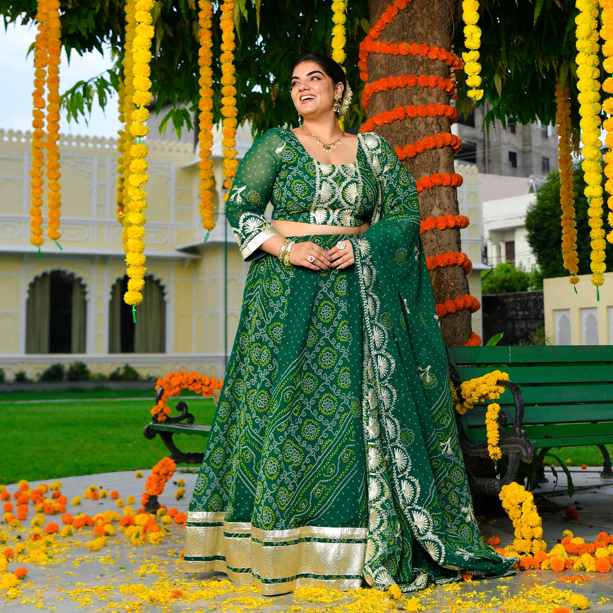 Vrinda- Deep Green Bandhani Gota Georgette Lehenga Set