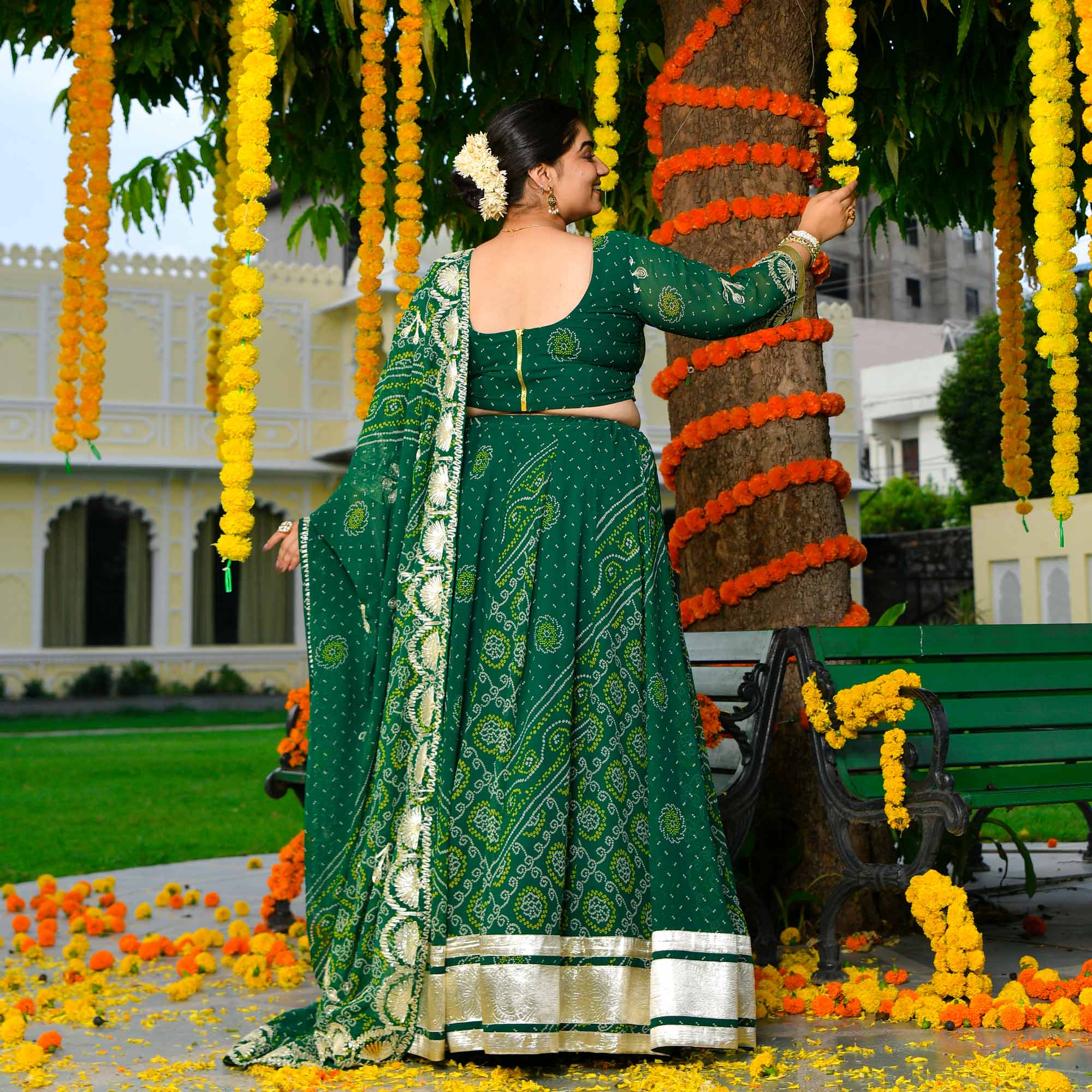 Vrinda- Deep Green Bandhani Gota Georgette Lehenga Set