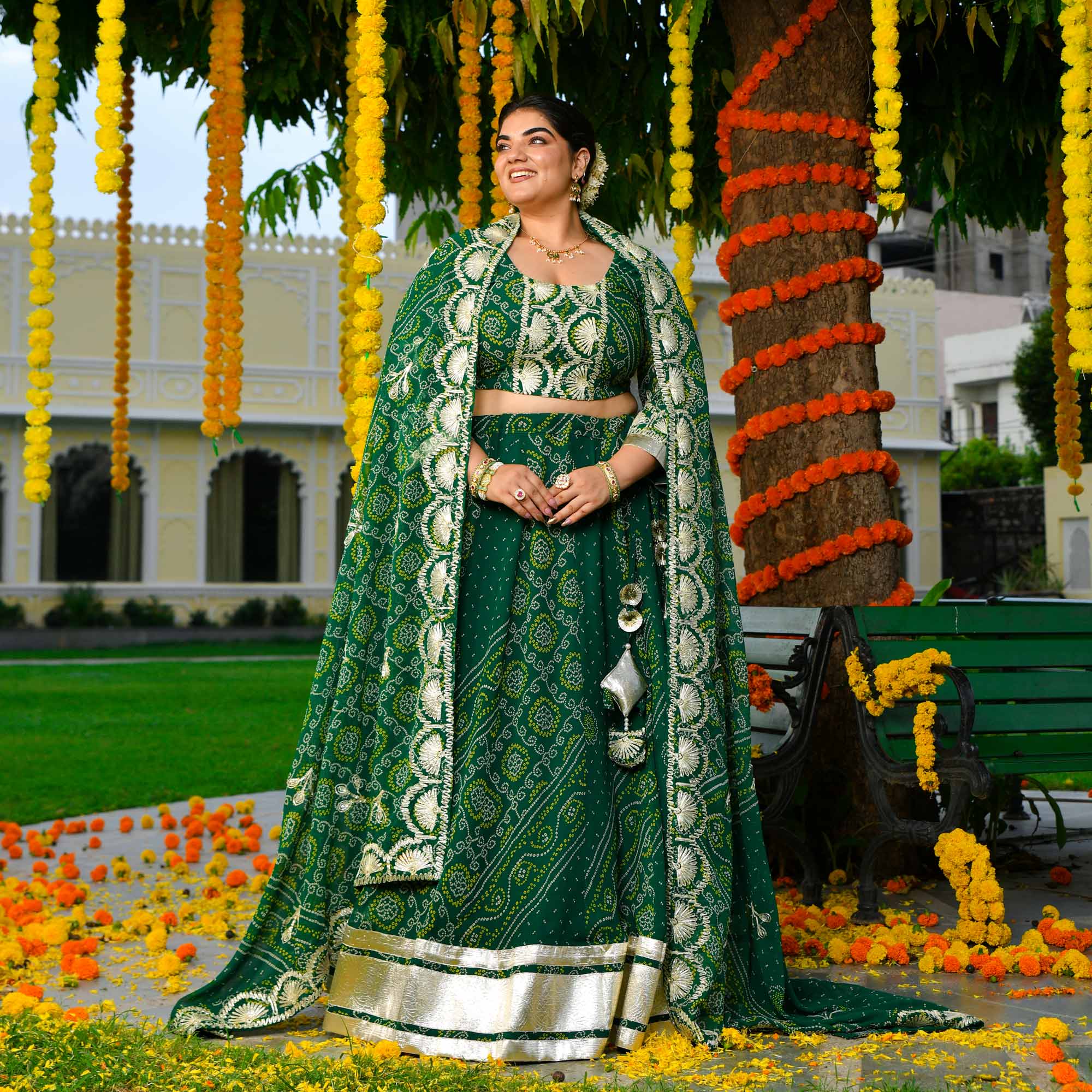 Vrinda- Deep Green Bandhani Gota Georgette Lehenga Set