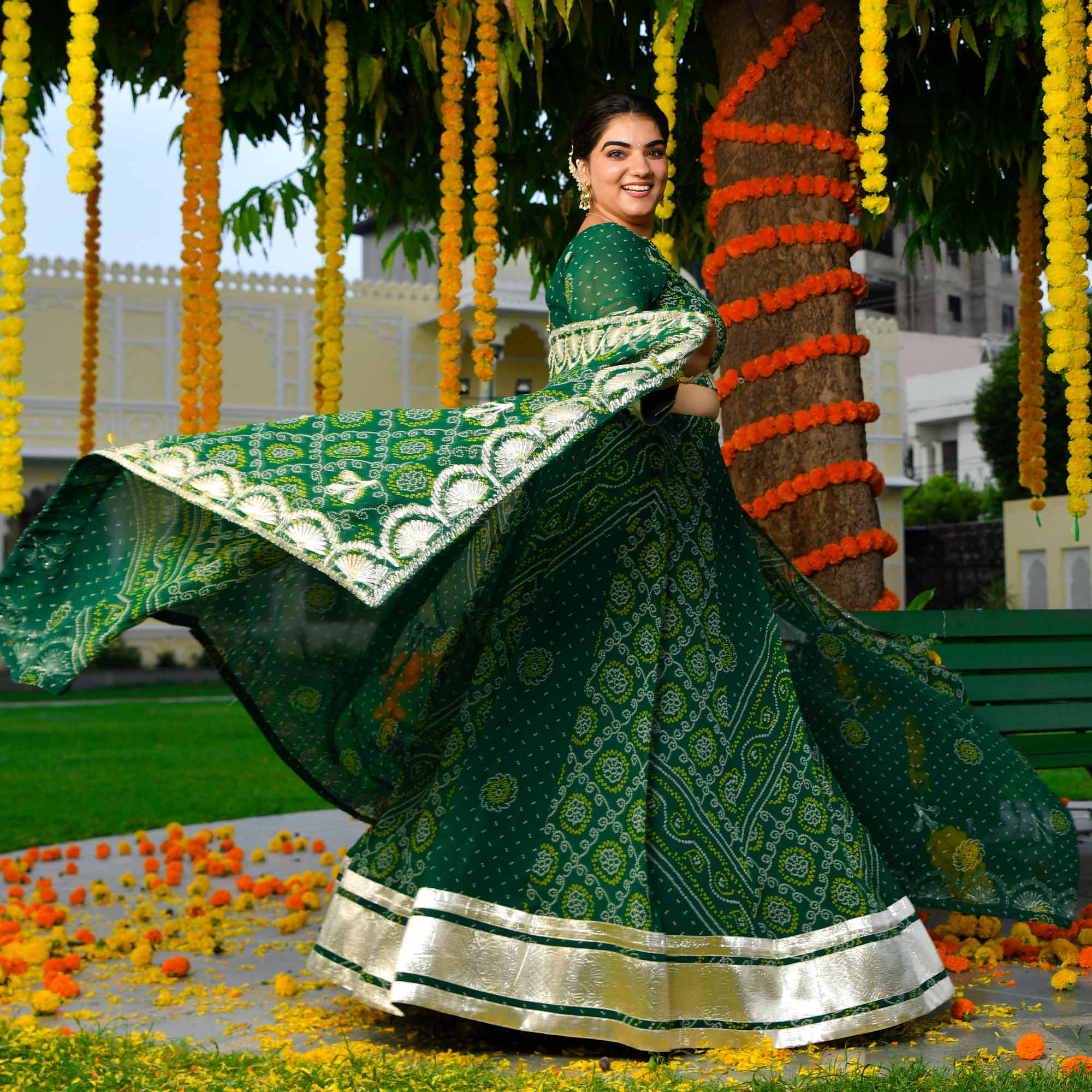 Vrinda- Deep Green Bandhani Gota Georgette Lehenga Set