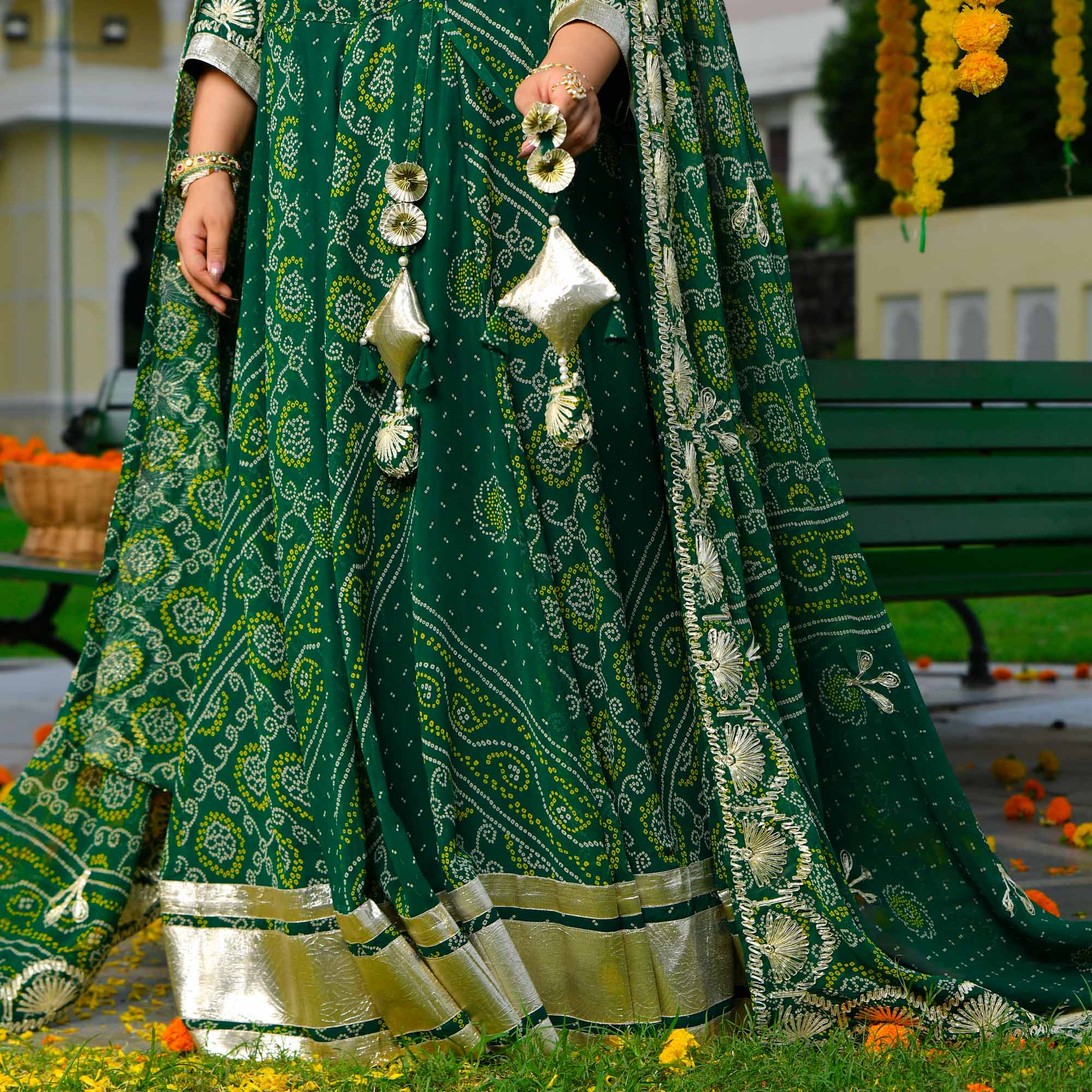 Vrinda- Deep Green Bandhani Gota Georgette Lehenga Set