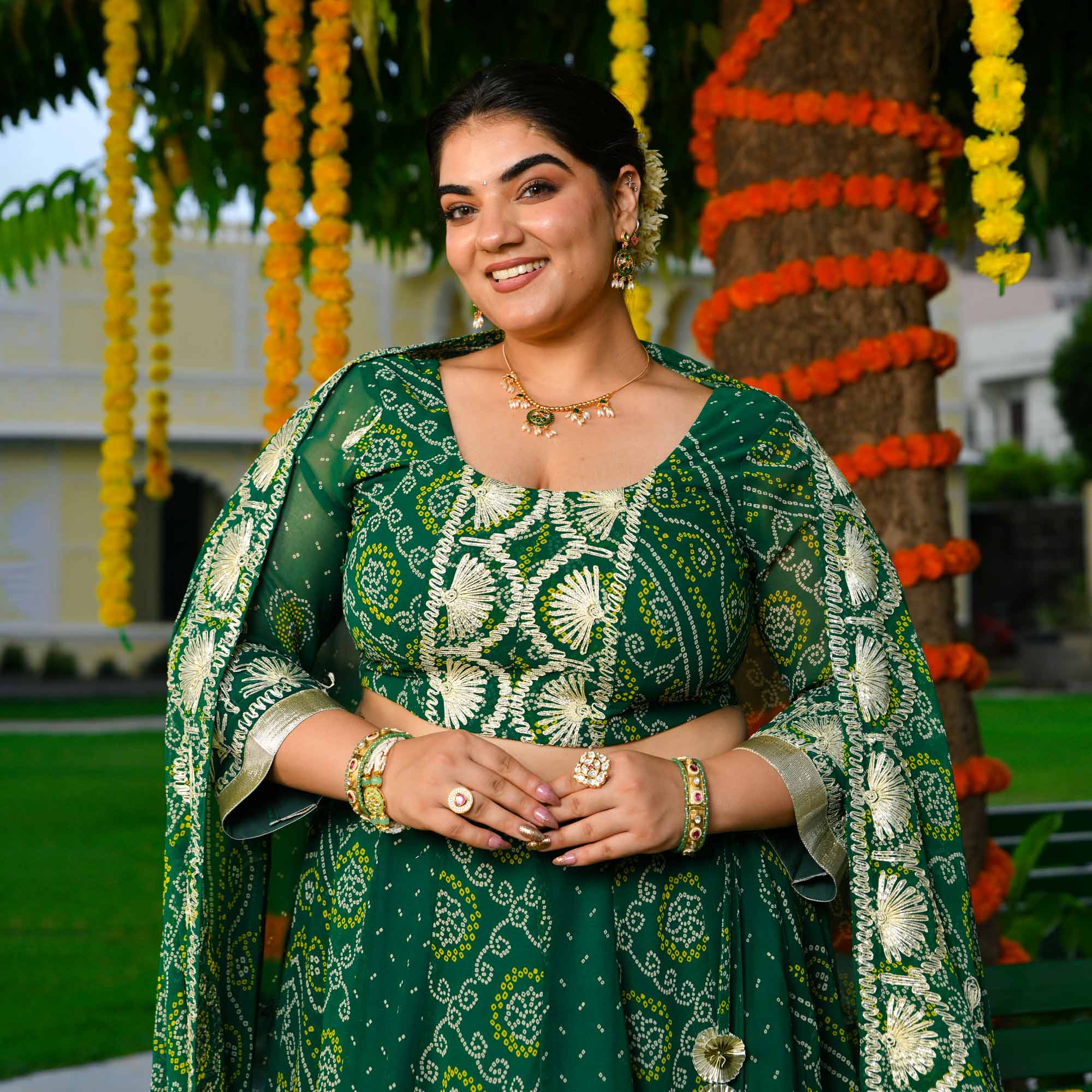 Vrinda- Deep Green Bandhani Gota Georgette Lehenga Set