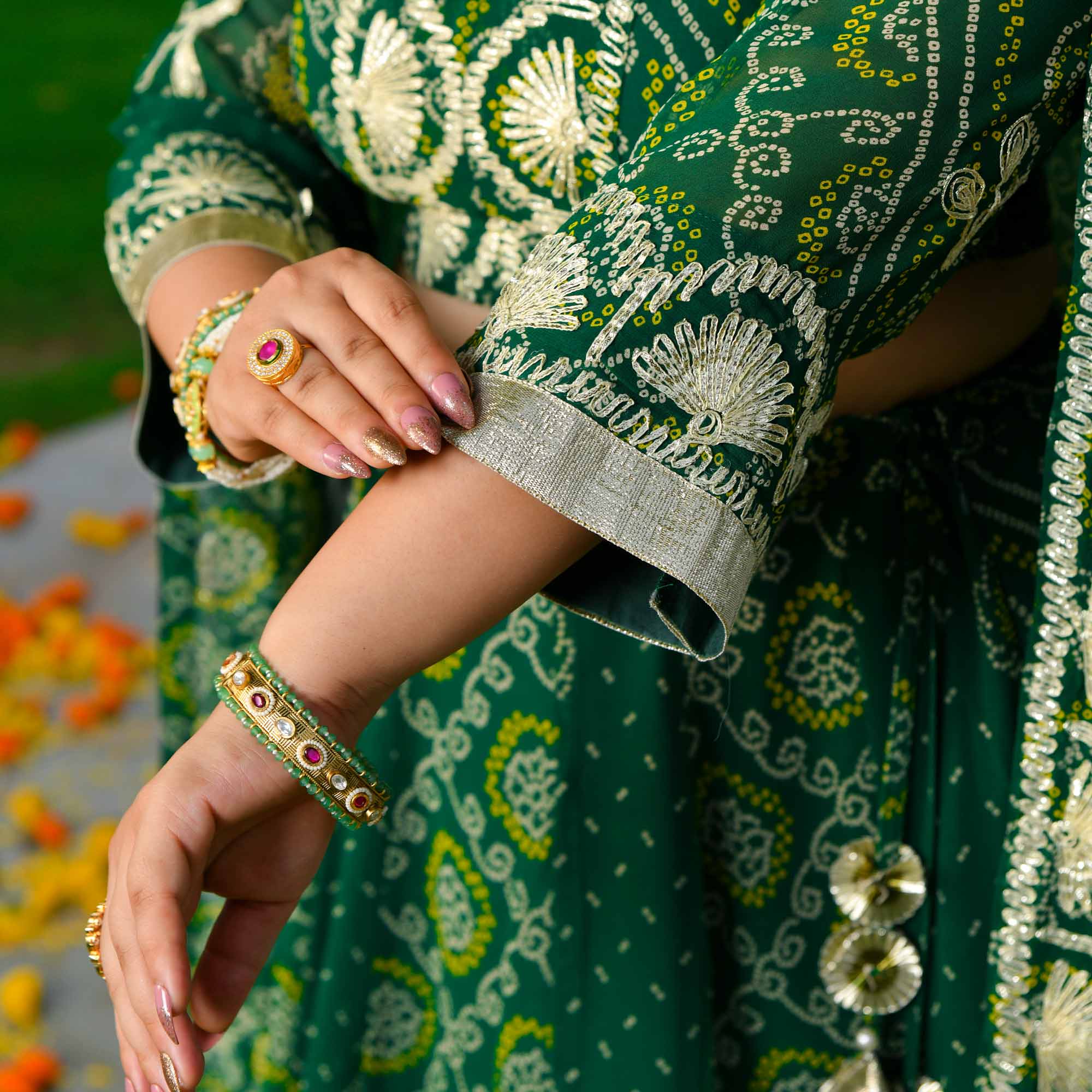 Vrinda- Deep Green Bandhani Gota Georgette Lehenga Set