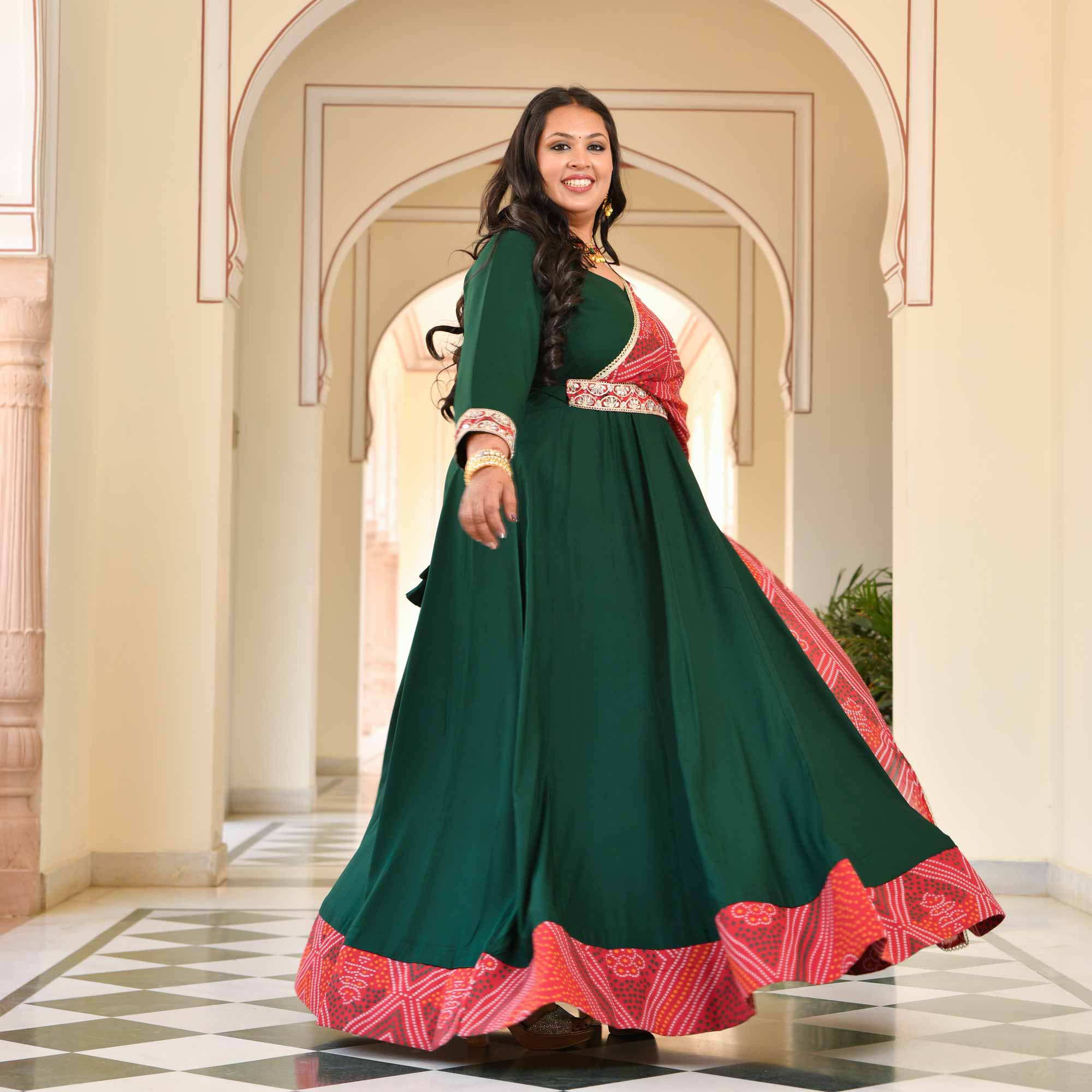 Morpankh Green Anarkali with Bandhani Belt Drape