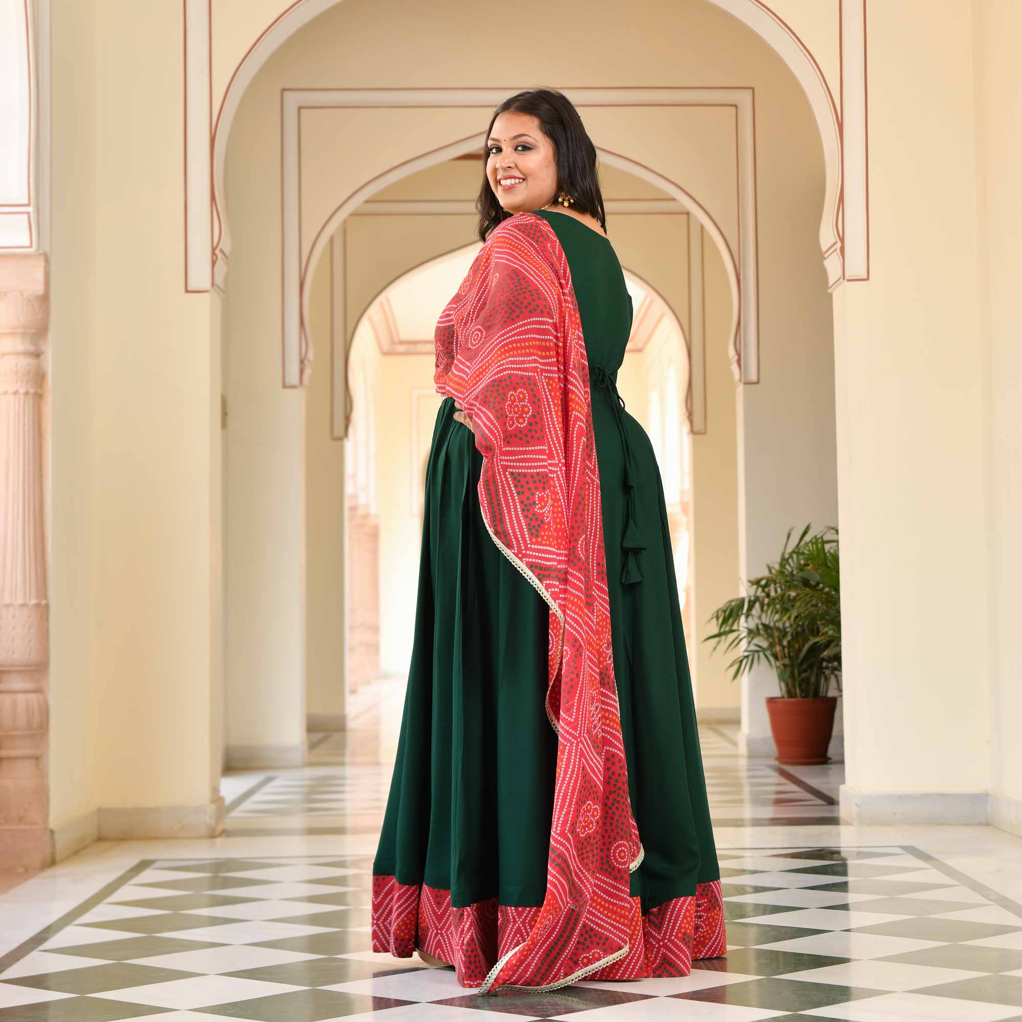 Morpankh Green Anarkali with Bandhani Belt Drape