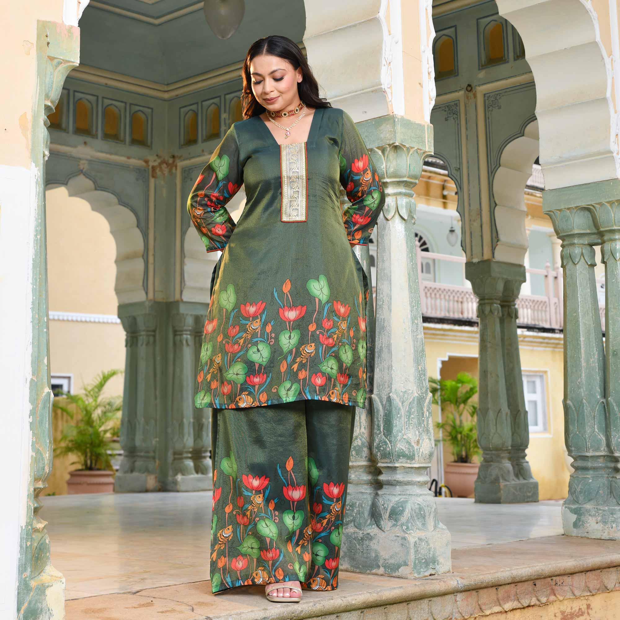 Mor Mukut- Bottle Green Tissue Silk Pichwai Printed Co-ord Set