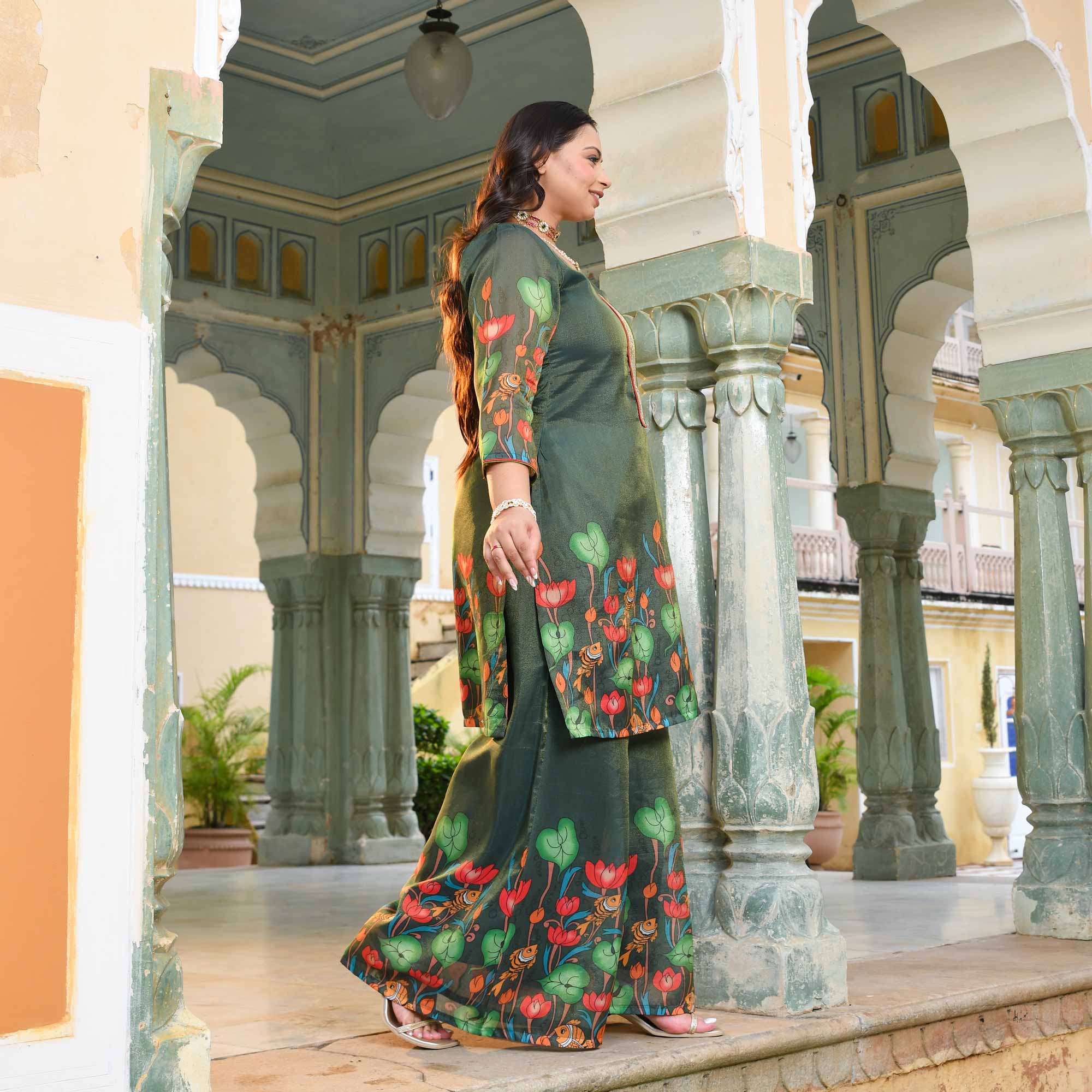 Mor Mukut- Bottle Green Tissue Silk Pichwai Printed Co-ord Set