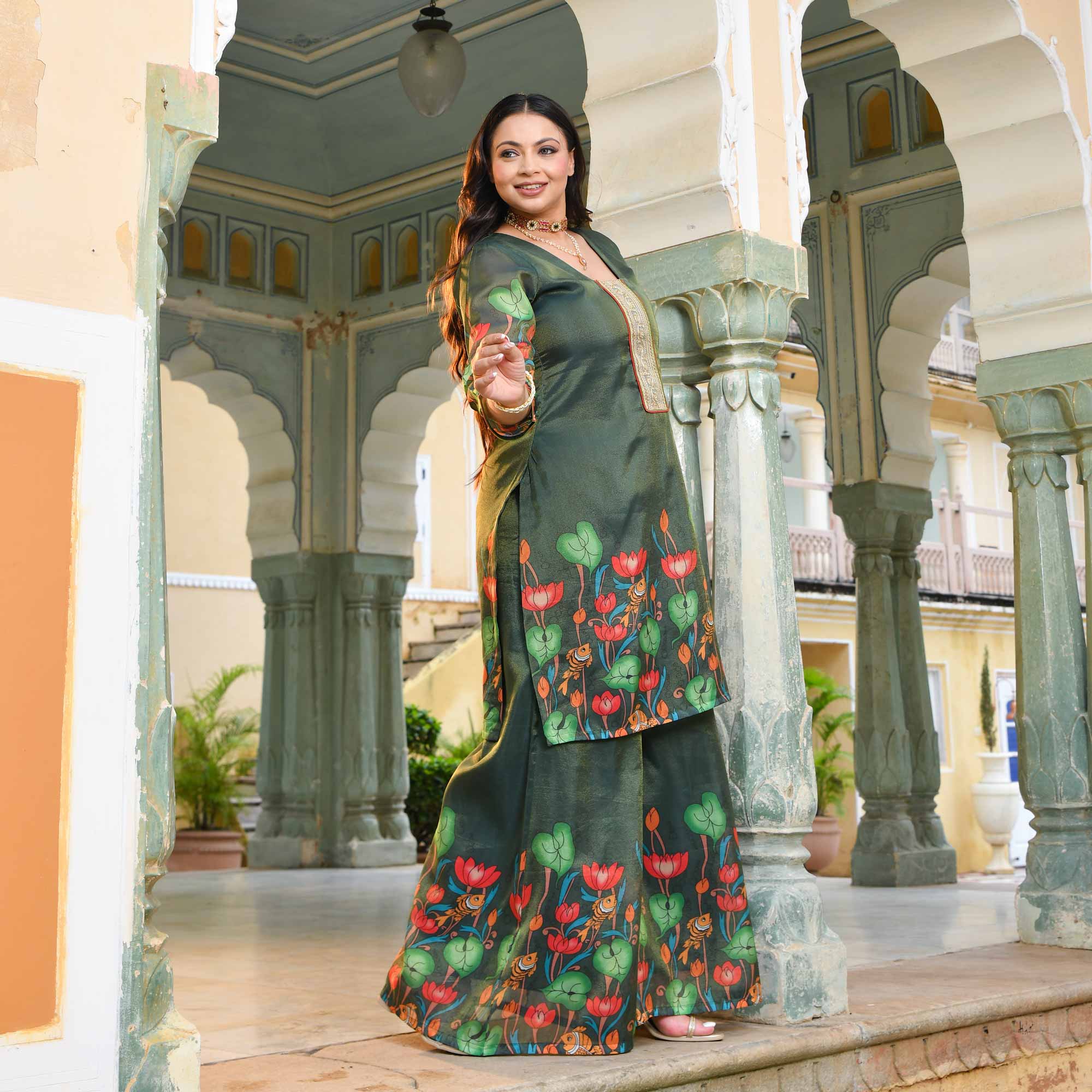 Mor Mukut- Bottle Green Tissue Silk Pichwai Printed Co-ord Set