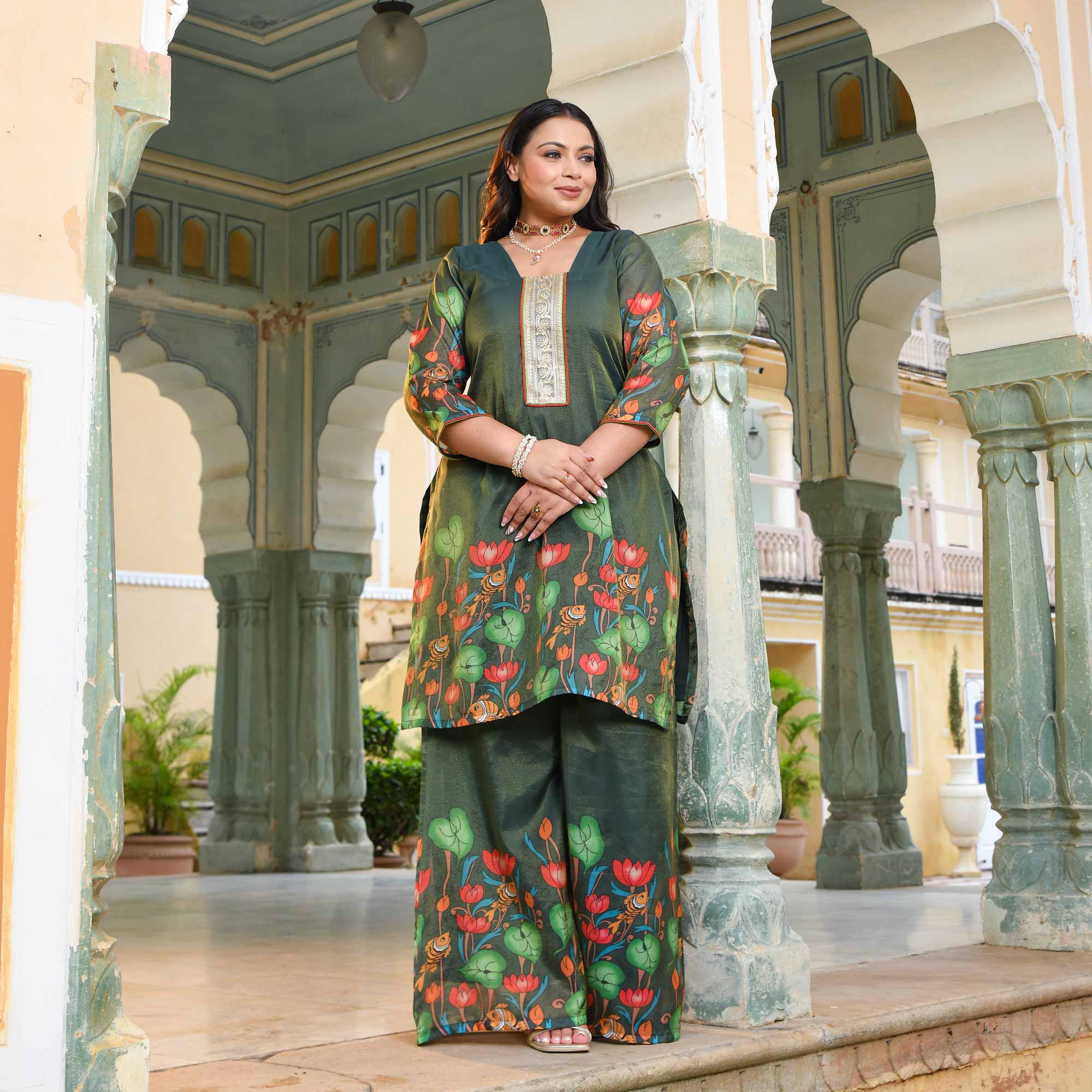 Mor Mukut- Bottle Green Tissue Silk Pichwai Printed Co-ord Set
