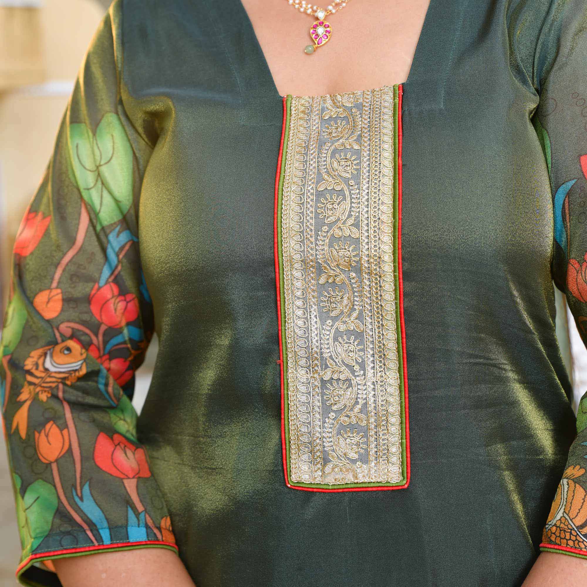 Mor Mukut- Bottle Green Tissue Silk Pichwai Printed Co-ord Set