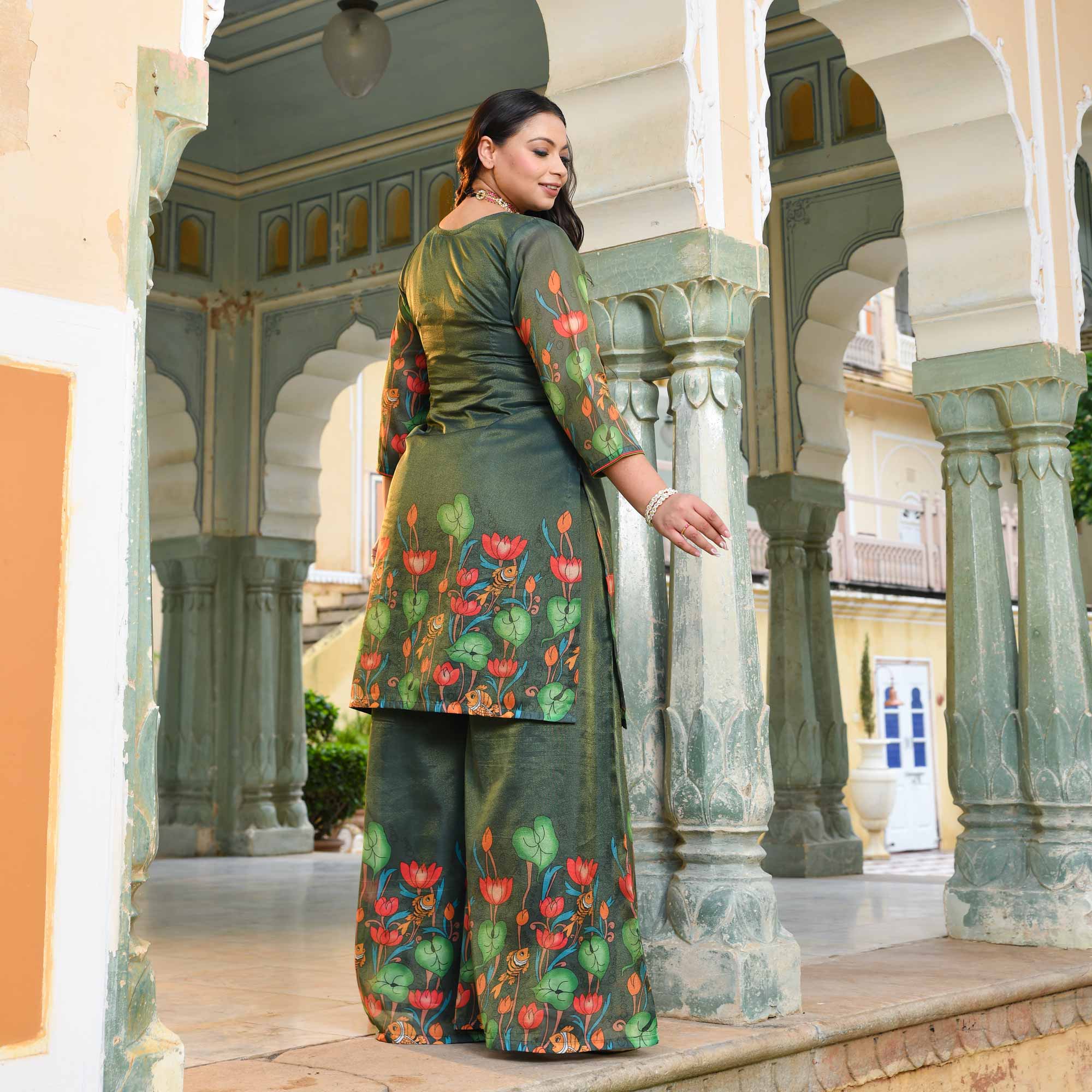 Mor Mukut- Bottle Green Tissue Silk Pichwai Printed Co-ord Set