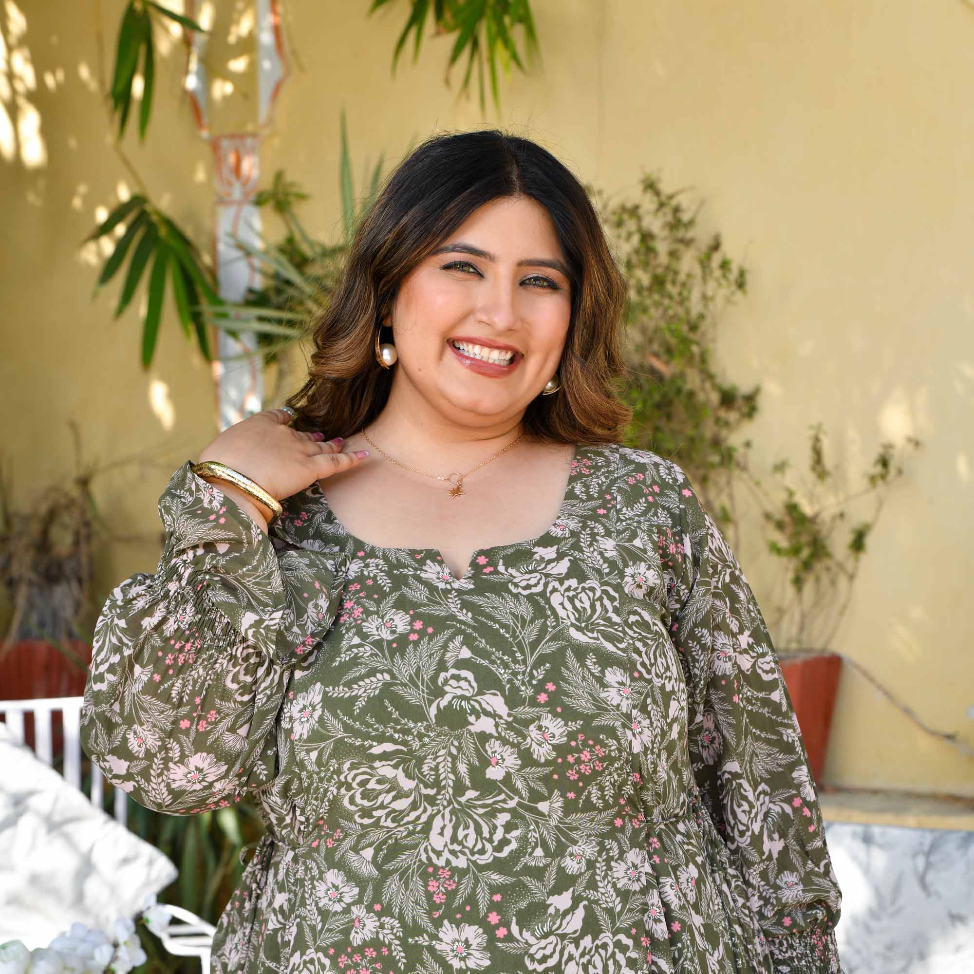 Green Reverie- Olive Floral Georgette Aline Dress