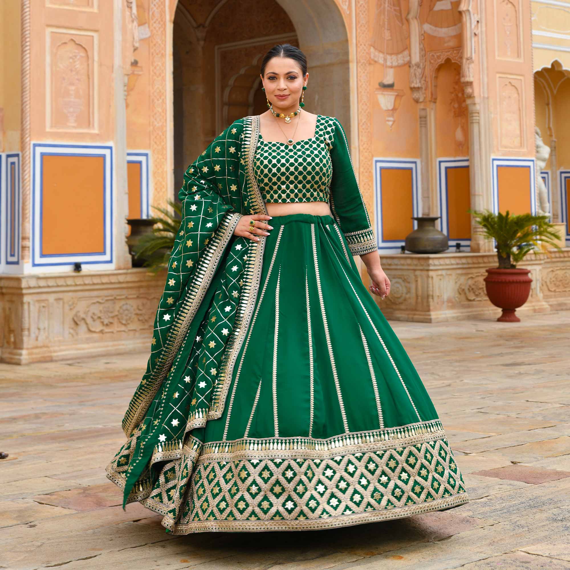 Tara Sitara- Deep Green Sequin Embroidered Georgette Lehenga Set